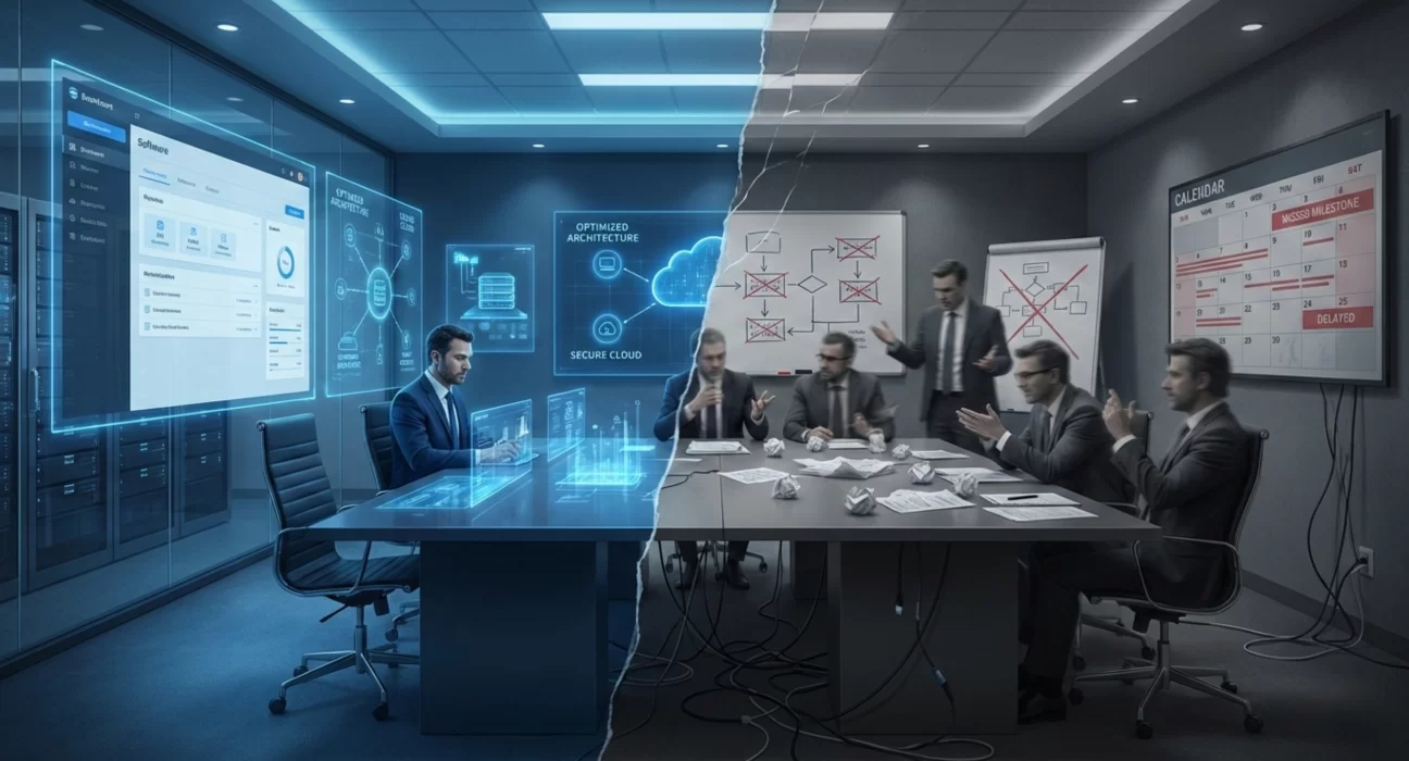 Enterprise boardroom scene split into two halves, showing a calm, data-driven digital dashboard environment on one side and a chaotic meeting with failed workflows, delayed milestones, and frustrated executives on the other, representing the gap between technology metrics and real business outcomes.