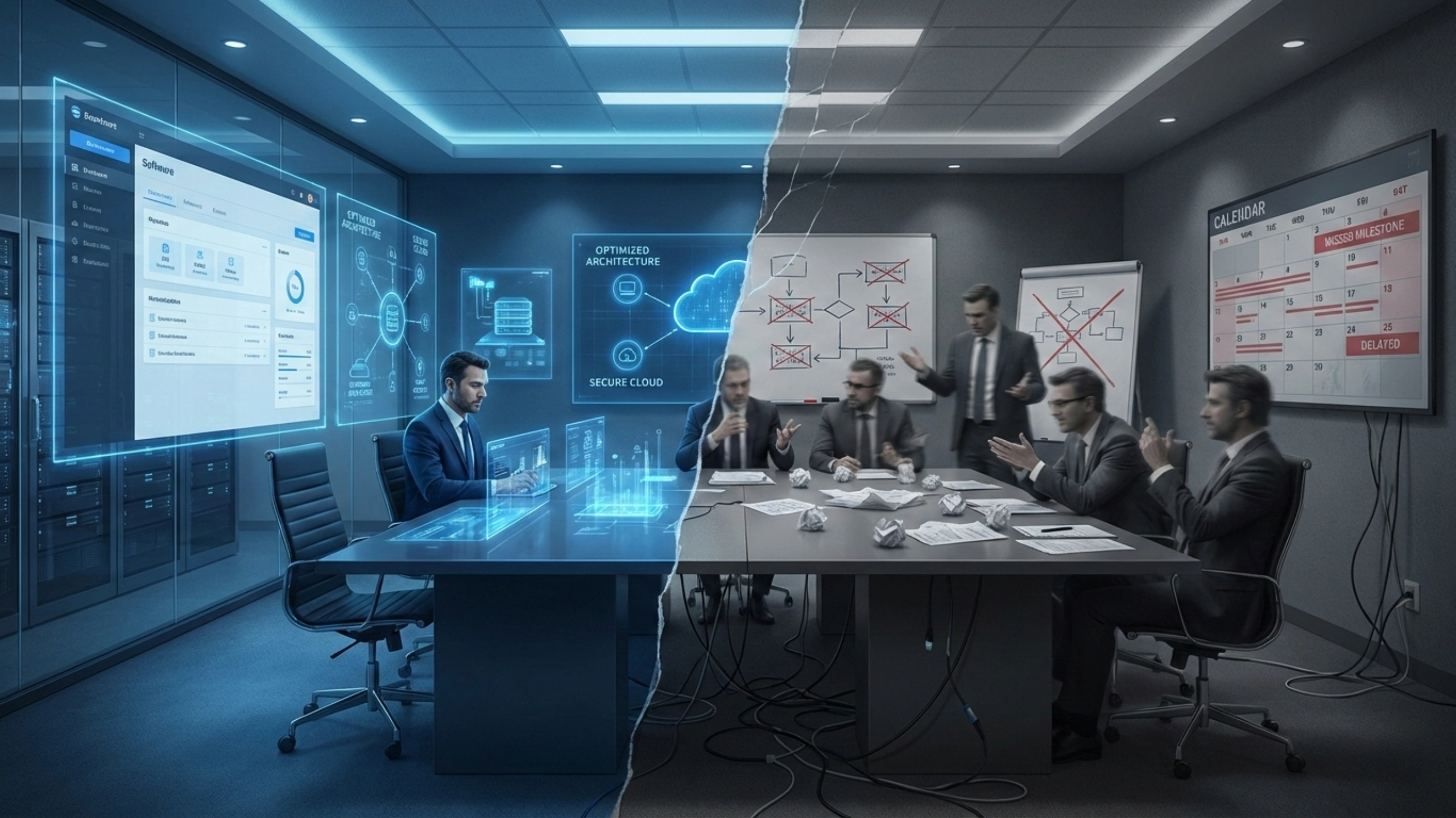 Enterprise boardroom scene split into two halves, showing a calm, data-driven digital dashboard environment on one side and a chaotic meeting with failed workflows, delayed milestones, and frustrated executives on the other, representing the gap between technology metrics and real business outcomes.
