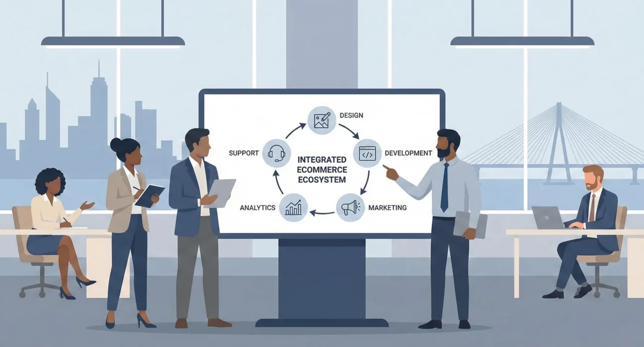 An illustration of three professionals in a modern office evaluating e-commerce platforms. A whiteboard displays 'Evaluation Criteria' including Performance, Scalability, and UX. Three monitors show the interfaces for Shopify, WooCommerce, and Magento against a city skyline background.