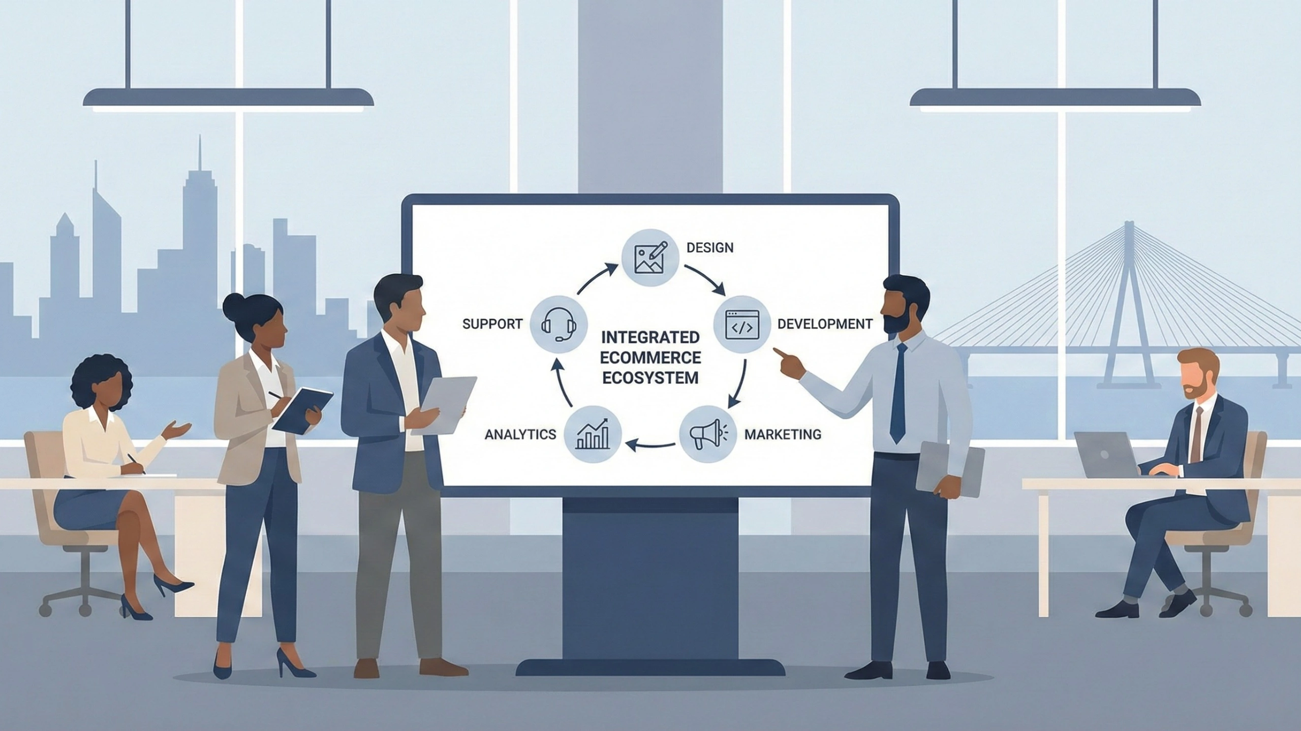 An illustration of three professionals in a modern office evaluating e-commerce platforms. A whiteboard displays 'Evaluation Criteria' including Performance, Scalability, and UX. Three monitors show the interfaces for Shopify, WooCommerce, and Magento against a city skyline background.