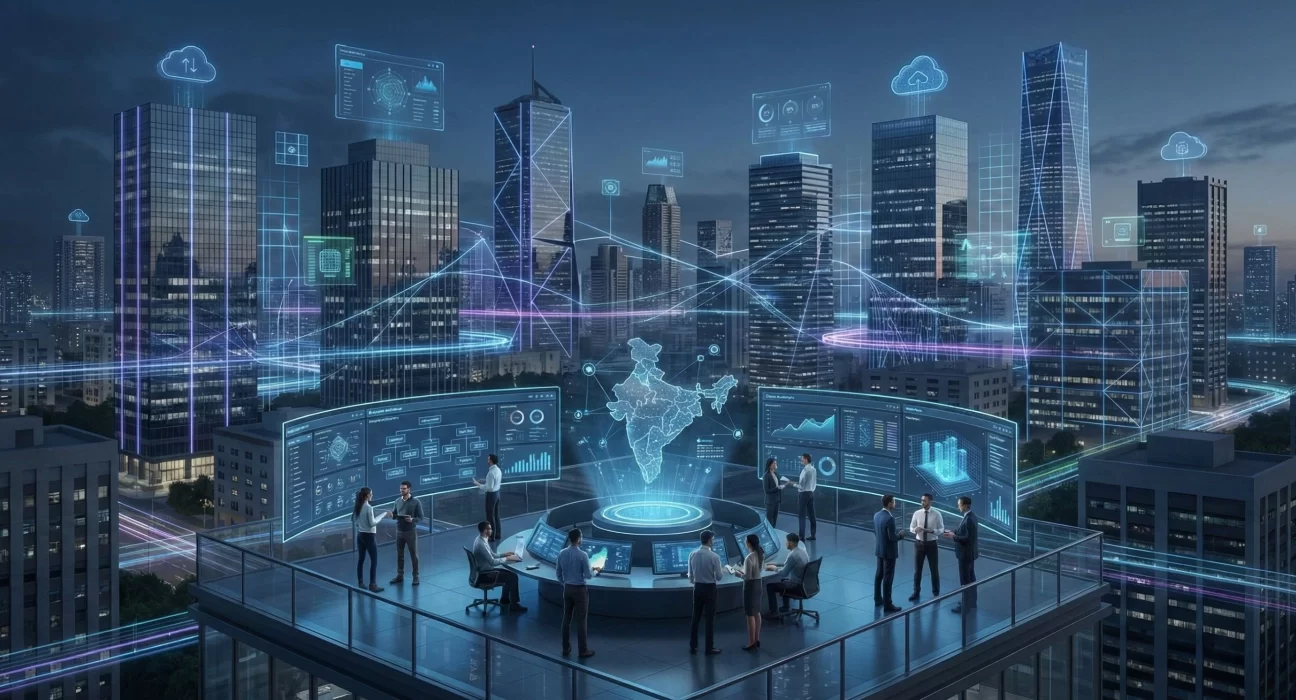 A high-angle, futuristic digital illustration of a group of professionals working on a rooftop command center overlooking a modern city at night. In the center, a glowing 3D holographic map of India is surrounded by floating data screens, charts, and digital interfaces. Glowing blue and purple light trails and cloud computing icons weave between the surrounding skyscrapers, symbolizing high-speed connectivity, smart infrastructure, and the integration of big data in an urban environment.