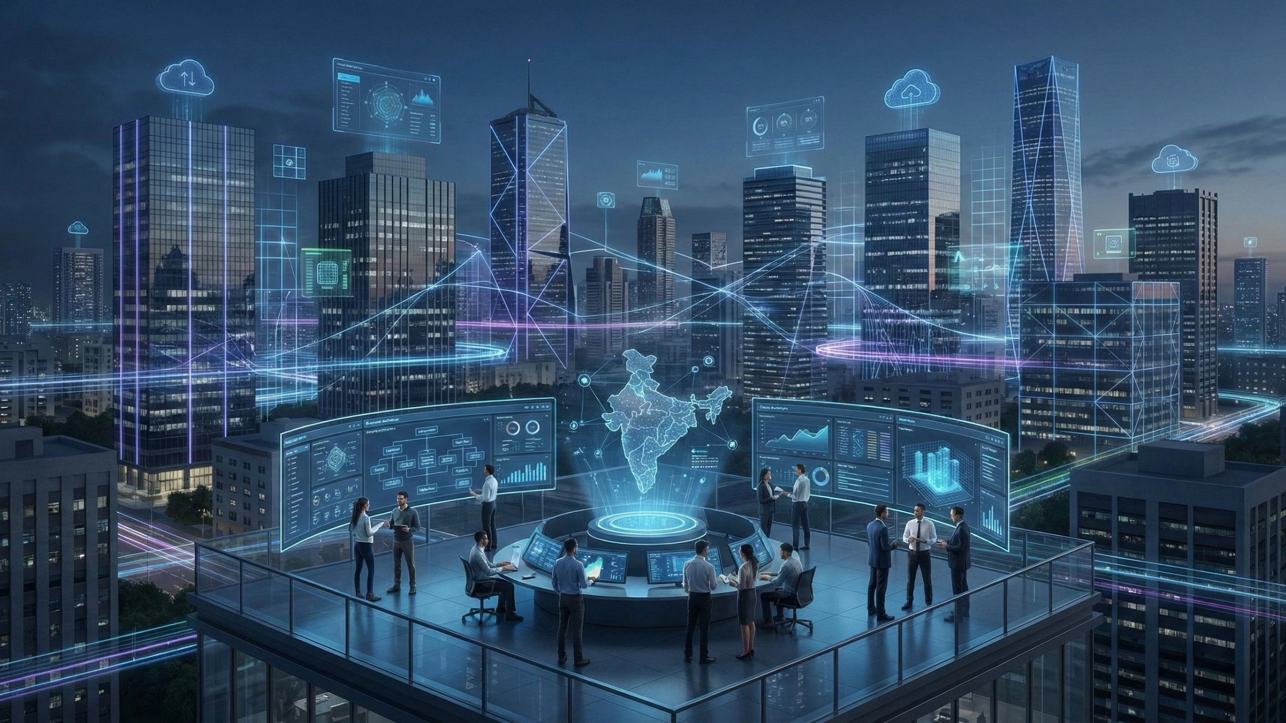 A high-angle, futuristic digital illustration of a group of professionals working on a rooftop command center overlooking a modern city at night. In the center, a glowing 3D holographic map of India is surrounded by floating data screens, charts, and digital interfaces. Glowing blue and purple light trails and cloud computing icons weave between the surrounding skyscrapers, symbolizing high-speed connectivity, smart infrastructure, and the integration of big data in an urban environment.