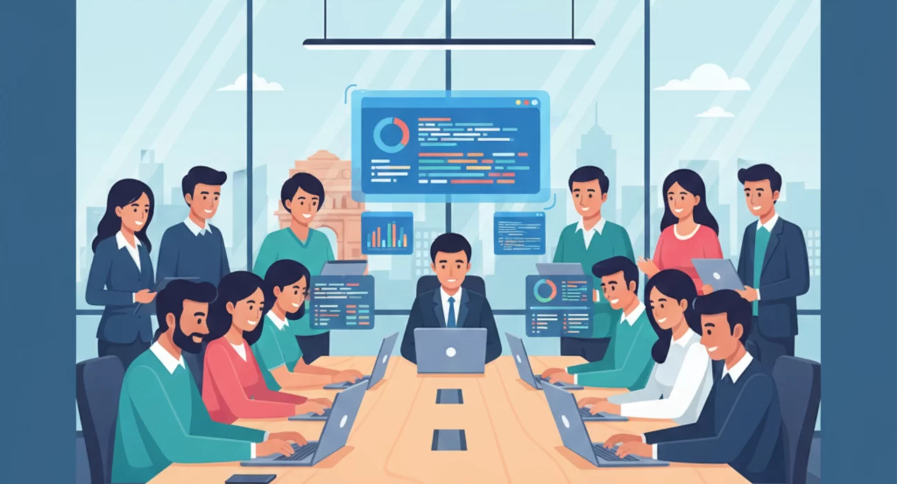 Realistic office scene of mobile app developers in Delhi NCR working on Android and iOS applications.