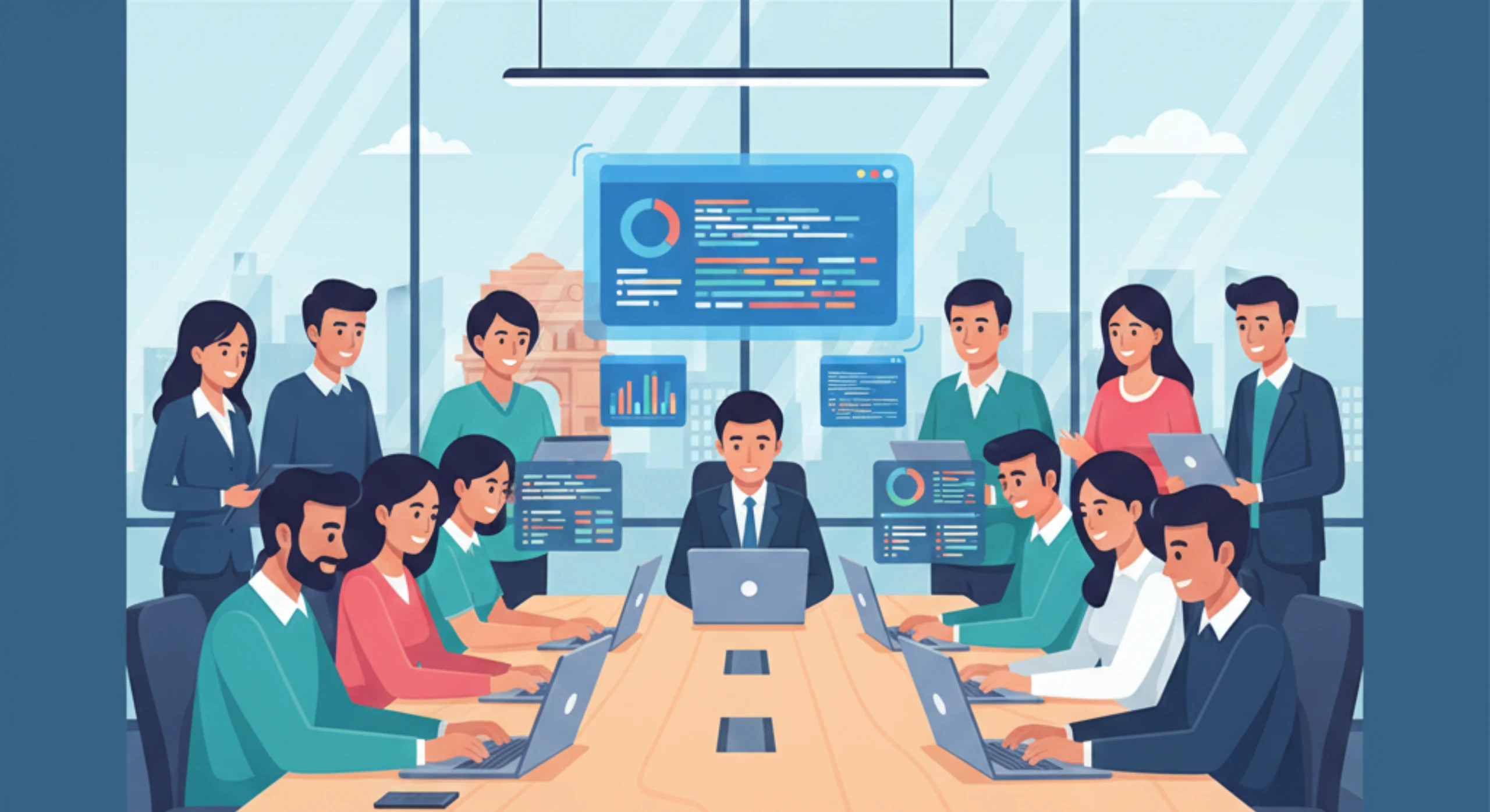 Realistic office scene of mobile app developers in Delhi NCR working on Android and iOS applications.
