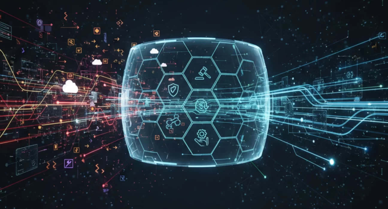 Enterprise platform governance model showing centralized oversight, security controls, compliance standards, and controlled autonomy across business units