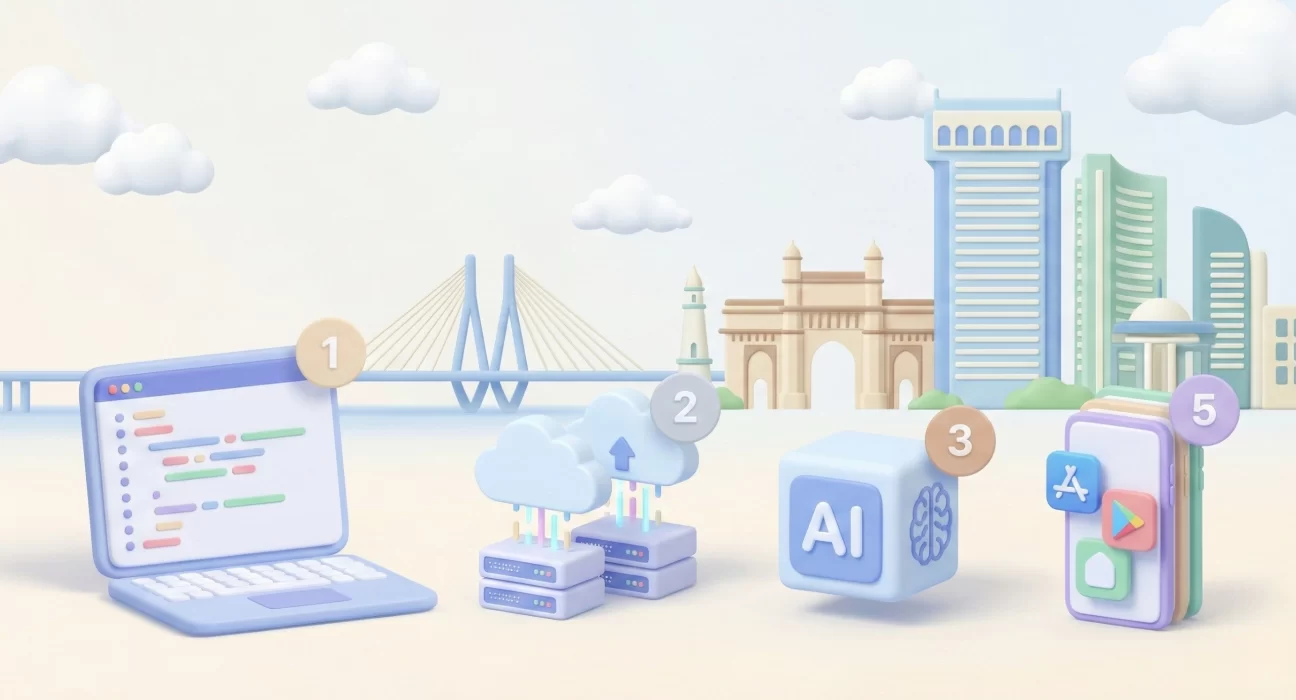 Illustration showing Mumbai's tech ecosystem with numbered elements: laptop with code (1), cloud servers and data infrastructure (2), AI and machine learning icons (3), Gateway of India monument with modern skyscrapers, cable-stayed bridge, and mobile app development (5) against a cloudy sky