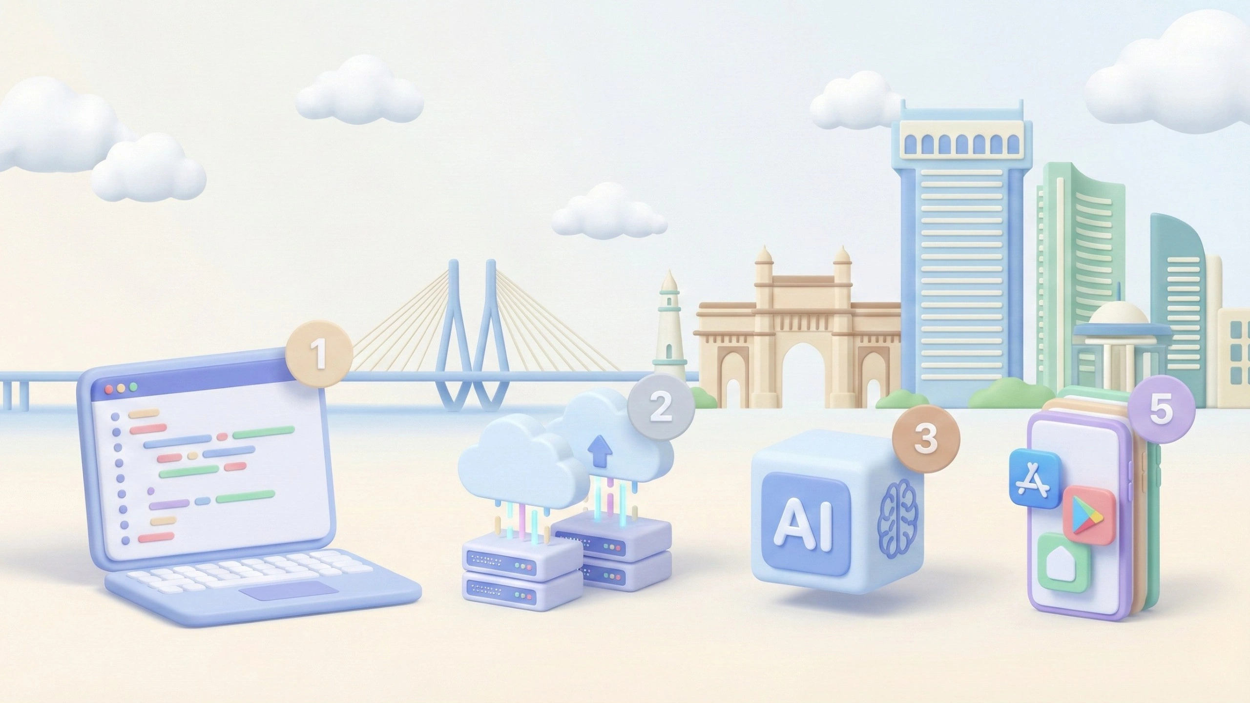 Illustration showing Mumbai's tech ecosystem with numbered elements: laptop with code (1), cloud servers and data infrastructure (2), AI and machine learning icons (3), Gateway of India monument with modern skyscrapers, cable-stayed bridge, and mobile app development (5) against a cloudy sky