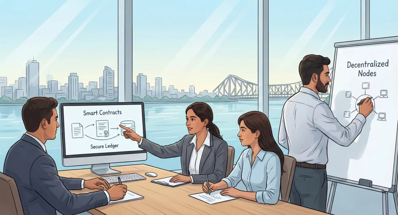 Illustration of a blockchain development team reviewing smart contracts and decentralized nodes in a modern office, with the Kolkata skyline and Howrah Bridge visible through large windows.