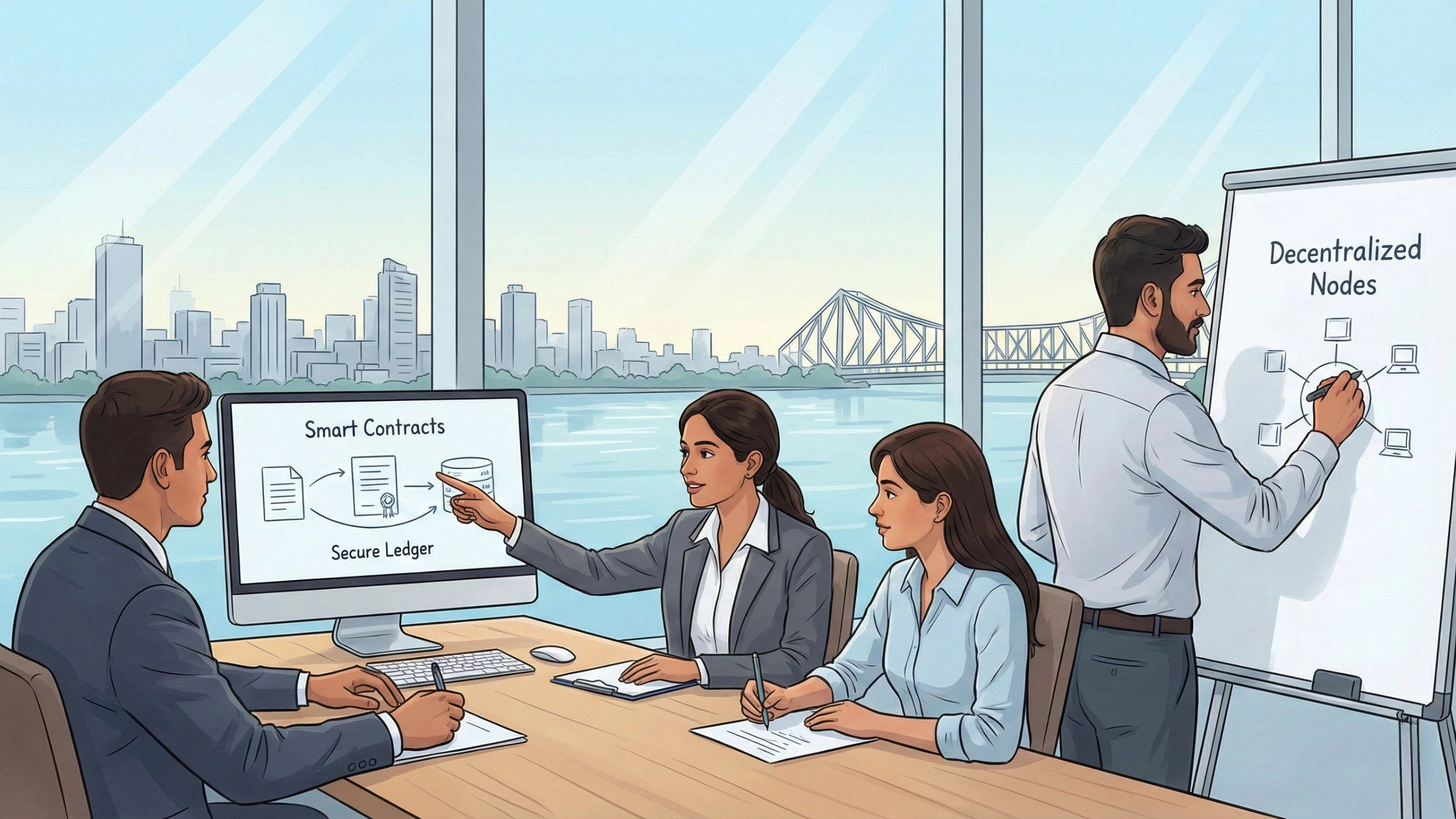 Illustration of a blockchain development team reviewing smart contracts and decentralized nodes in a modern office, with the Kolkata skyline and Howrah Bridge visible through large windows.