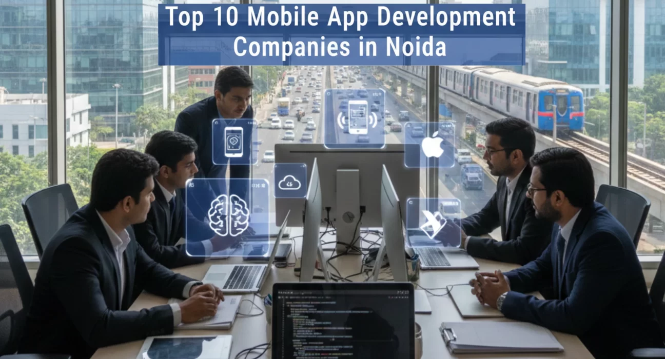 Team of mobile app developers collaborating in a modern Noida IT office with city skyline and metro view, showcasing app development and AI technology.