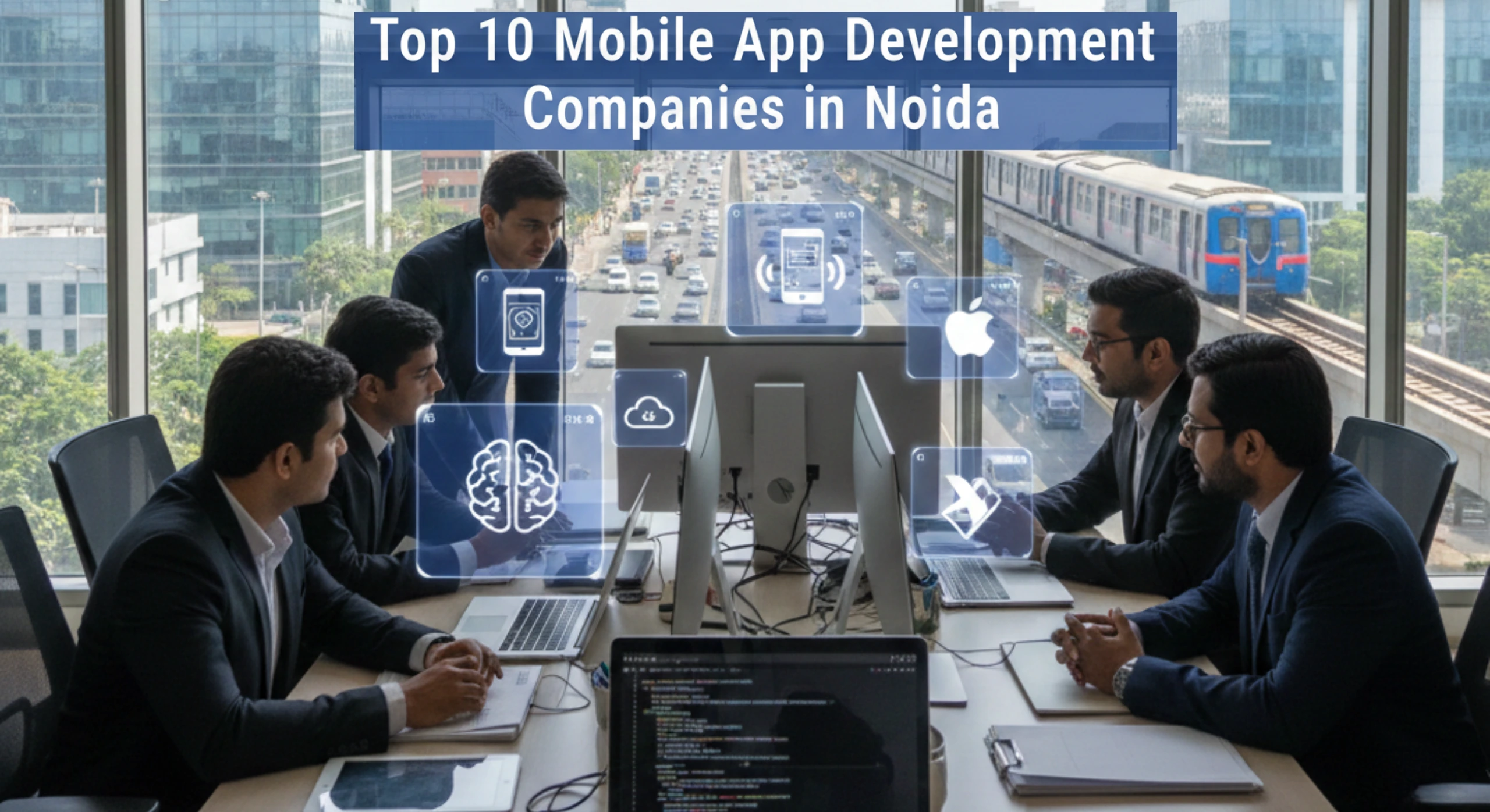 Team of mobile app developers collaborating in a modern Noida IT office with city skyline and metro view, showcasing app development and AI technology.