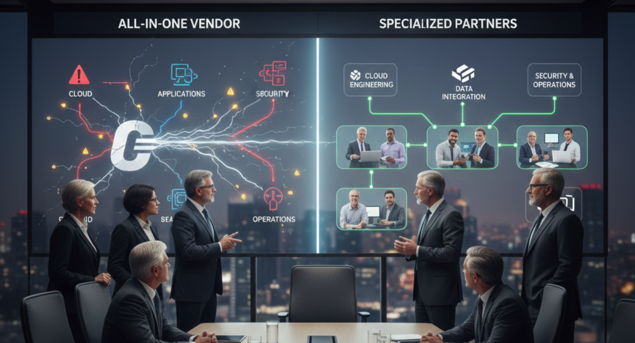 Enterprise leaders comparing a single all-purpose vendor with a portfolio of specialized partners