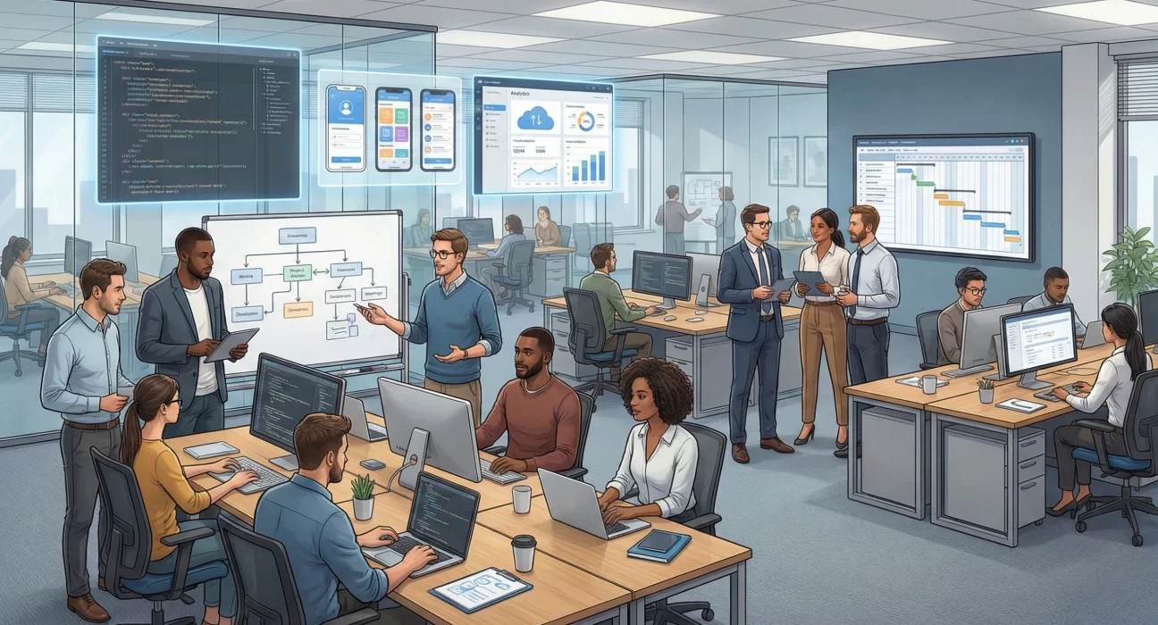 A wide-angle digital illustration of a busy, modern open-plan office filled with diverse professionals. In the foreground, developers work on laptops and desktop computers displaying lines of code. In the center, a group gathers around a whiteboard featuring a flow chart, while others engage in discussions. Floating digital holographic screens above the workstations display source code, mobile app UI designs, and data analytics dashboards. A large wall-mounted monitor shows a project Gantt chart, emphasizing a high-tech, collaborative atmosphere focused on technology and project management.
