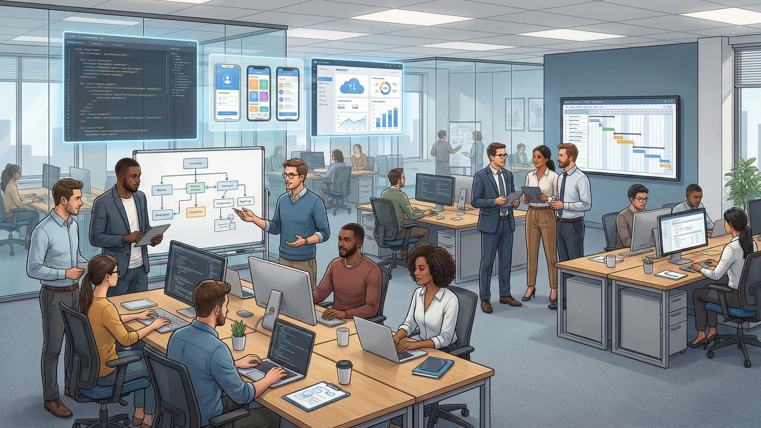 A wide-angle digital illustration of a busy, modern open-plan office filled with diverse professionals. In the foreground, developers work on laptops and desktop computers displaying lines of code. In the center, a group gathers around a whiteboard featuring a flow chart, while others engage in discussions. Floating digital holographic screens above the workstations display source code, mobile app UI designs, and data analytics dashboards. A large wall-mounted monitor shows a project Gantt chart, emphasizing a high-tech, collaborative atmosphere focused on technology and project management.