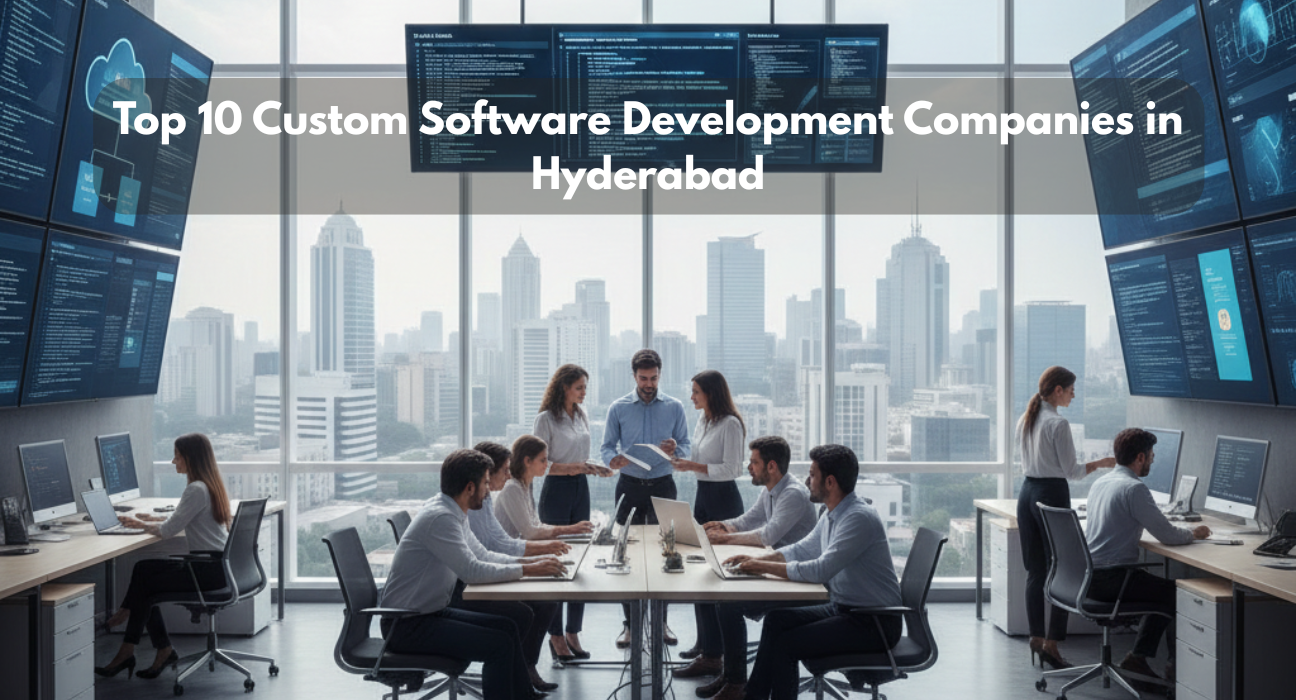 Top 10 custom software development companies in Hyderabad showcasing software engineers, AI, cloud computing, and enterprise digital solutions