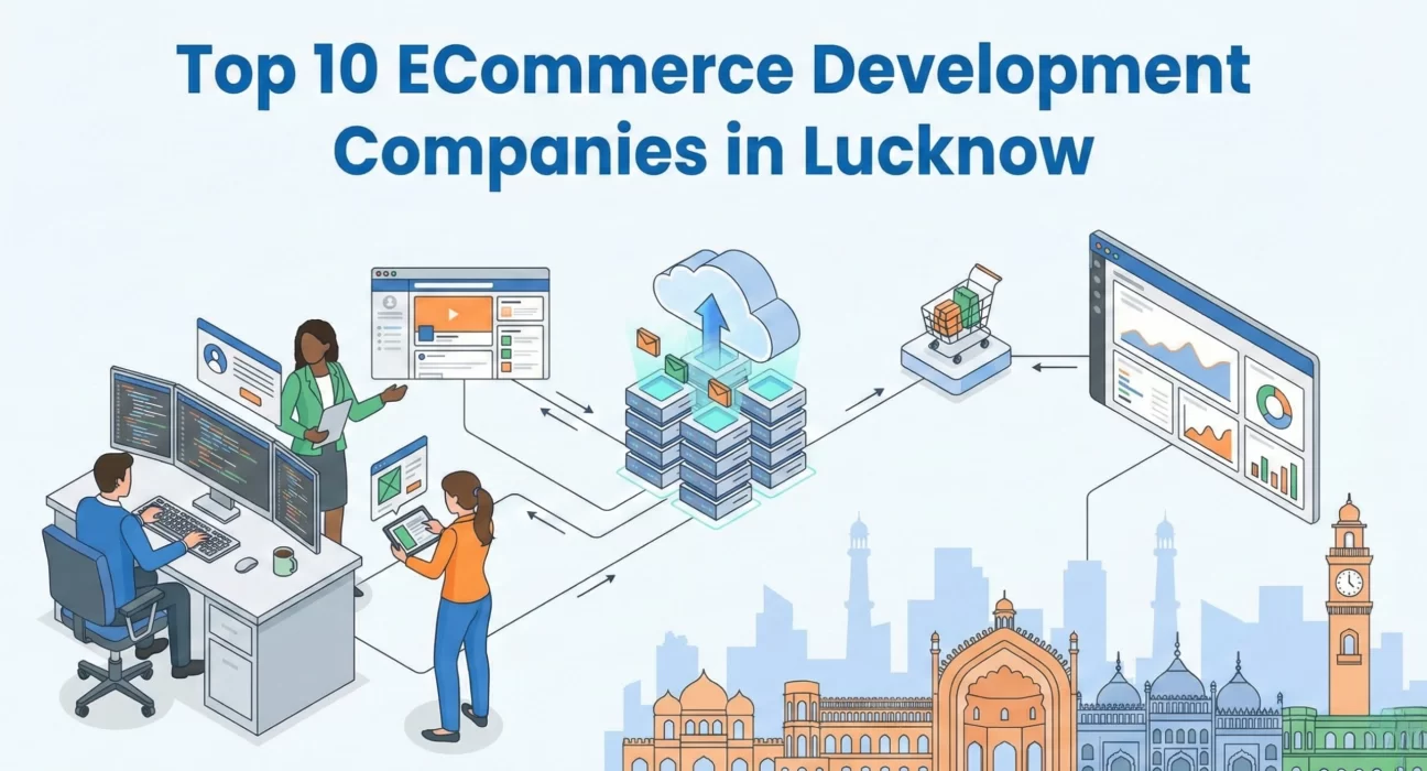Illustration showing eCommerce development teams in Lucknow working on cloud-hosted online stores, including backend servers, data flow between applications, shopping cart systems, analytics dashboards, and scalable commerce infrastructure set against a Lucknow city skyline.