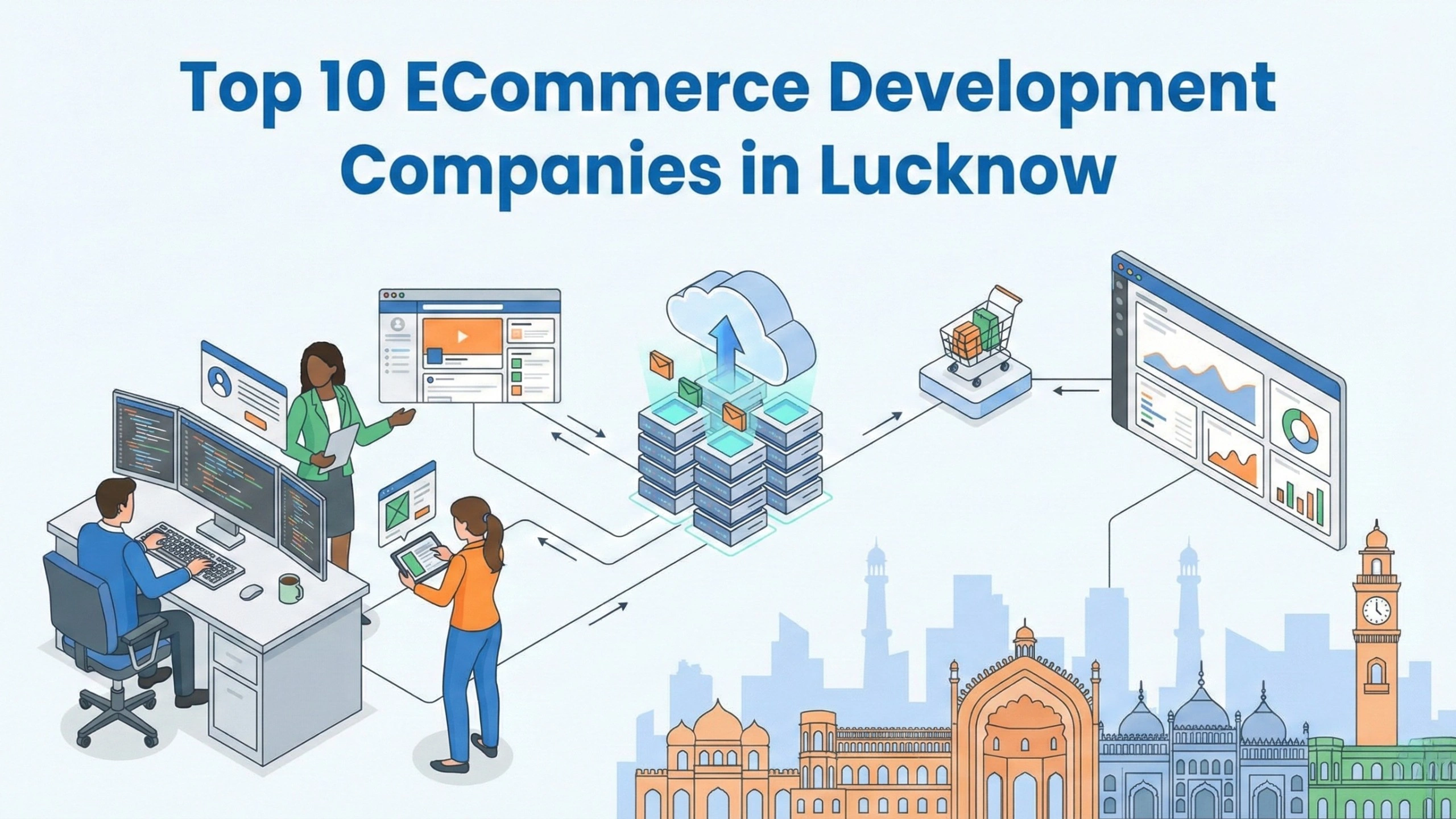Illustration showing eCommerce development teams in Lucknow working on cloud-hosted online stores, including backend servers, data flow between applications, shopping cart systems, analytics dashboards, and scalable commerce infrastructure set against a Lucknow city skyline.