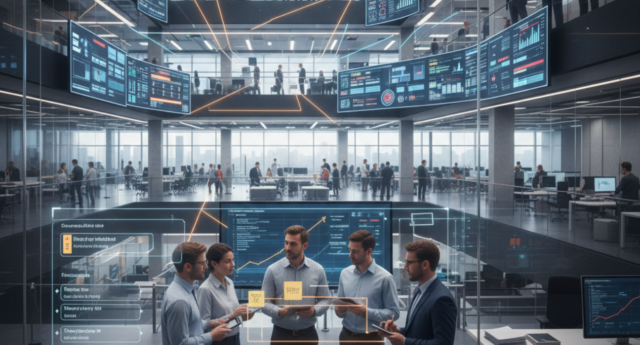 Illustration showing small agile teams contrasted with large enterprise teams facing coordination, dependency, and governance challenges