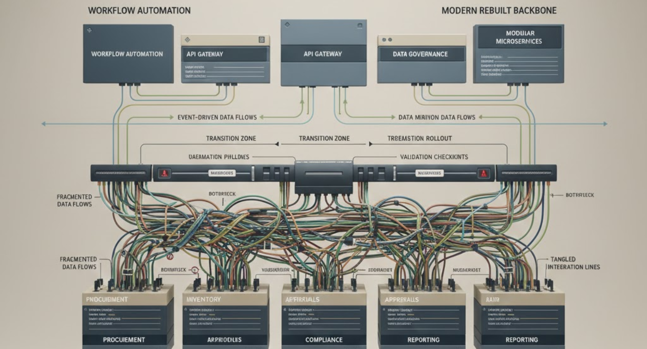 Enterprise operational backbone architecture showing legacy systems, complex integrations, data migration challenges, and a modern modular platform transition