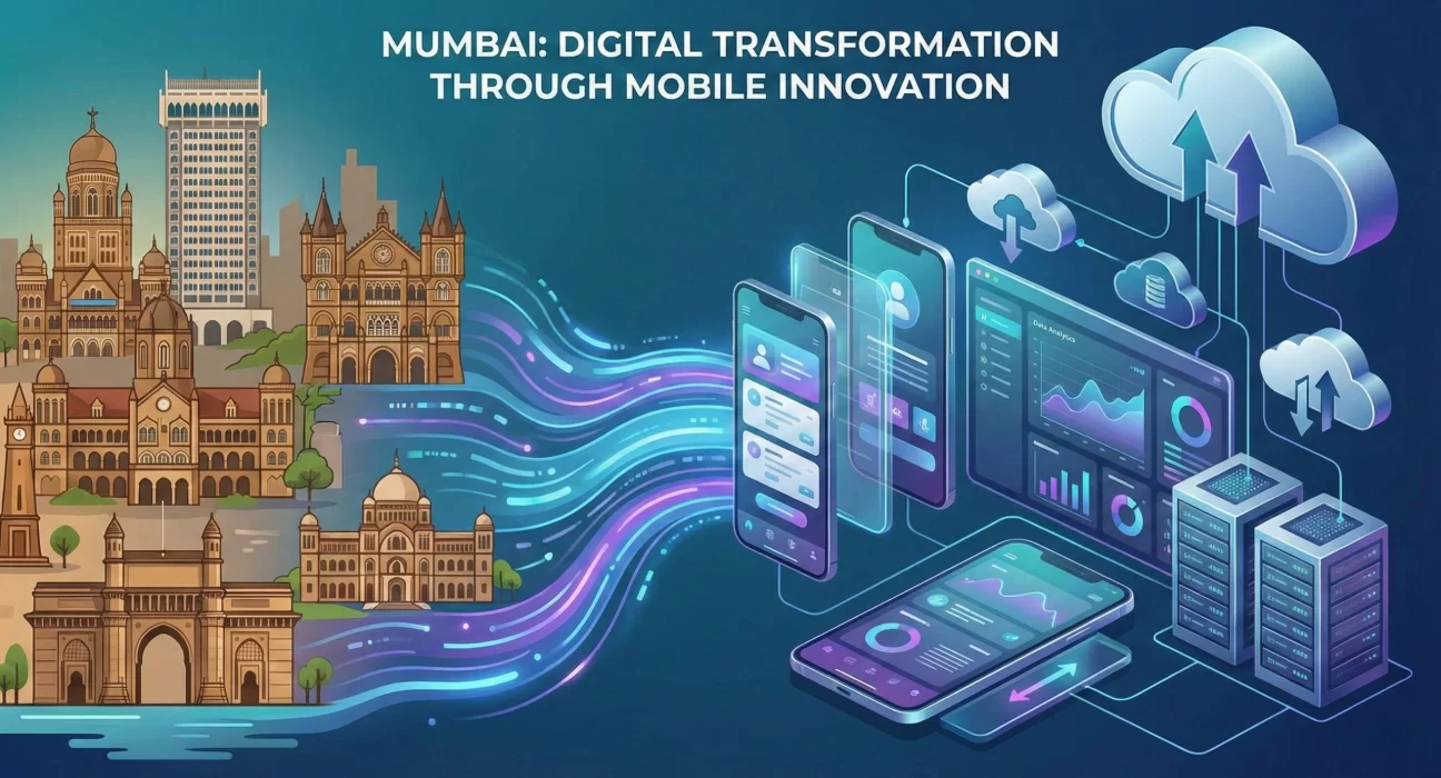 Conceptual illustration of Mumbai’s digital transformation showing iconic city landmarks blending into modern mobile applications, cloud infrastructure, data analytics dashboards, and connected devices, representing mobile app development and cloud-driven innovation in Mumbai.
