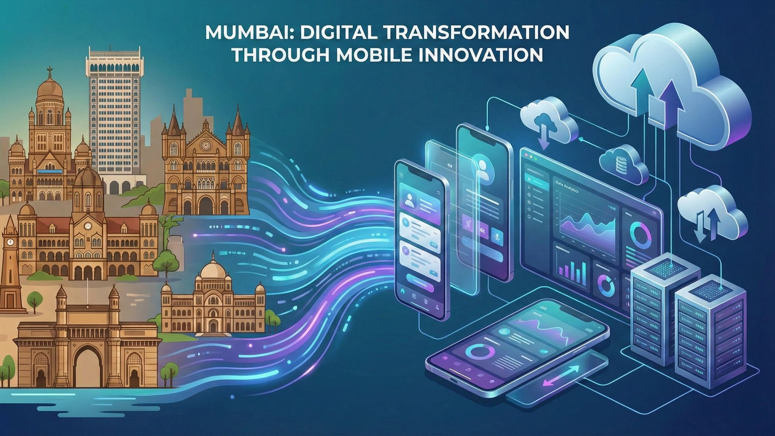 Conceptual illustration of Mumbai’s digital transformation showing iconic city landmarks blending into modern mobile applications, cloud infrastructure, data analytics dashboards, and connected devices, representing mobile app development and cloud-driven innovation in Mumbai.