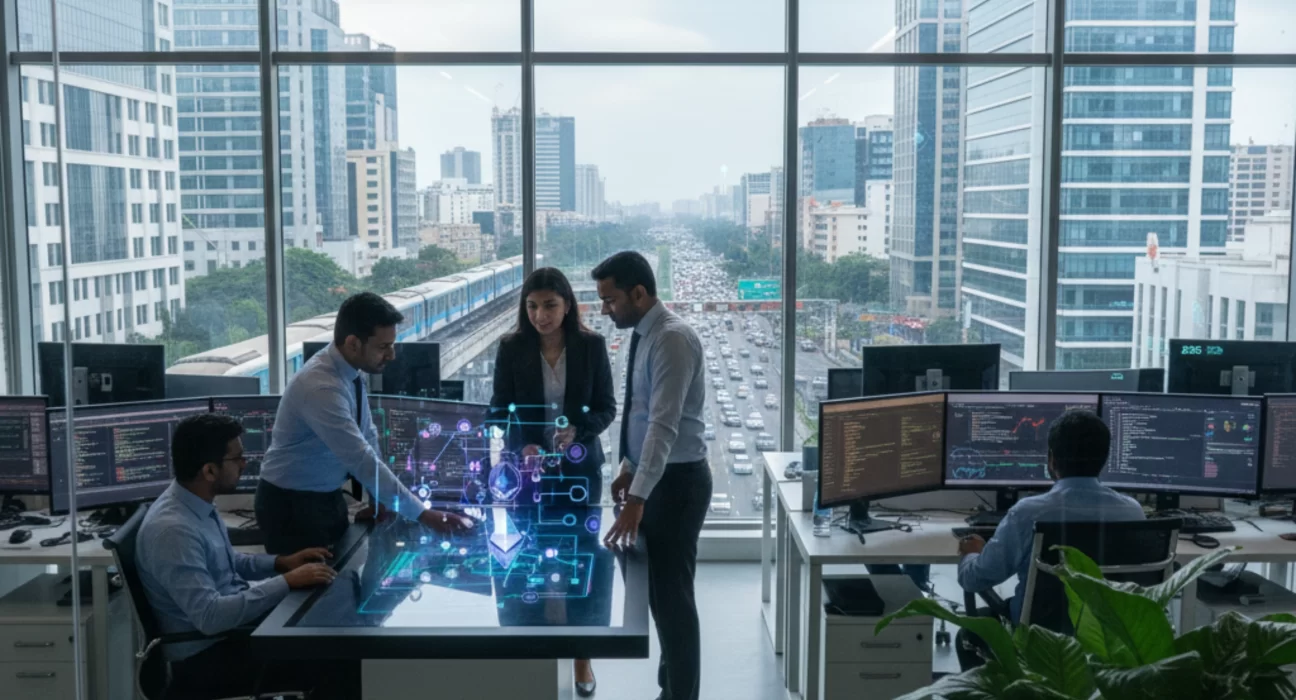 Blockchain professionals collaborating in a modern Noida office with metro and city traffic view, analysing smart contracts and decentralised blockchain systems.