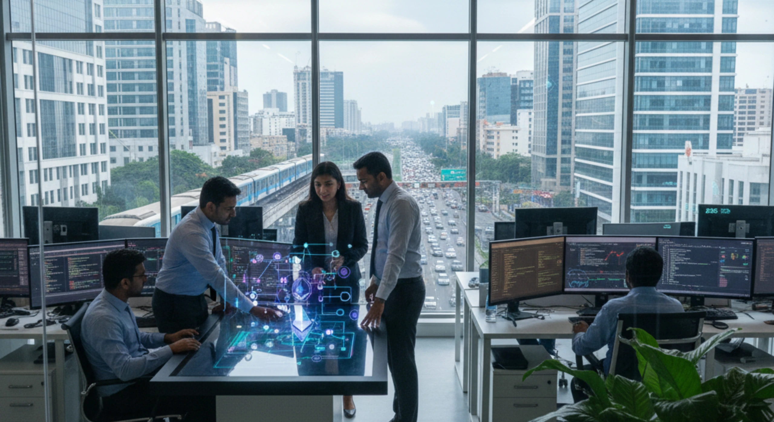 Blockchain professionals collaborating in a modern Noida office with metro and city traffic view, analysing smart contracts and decentralised blockchain systems.