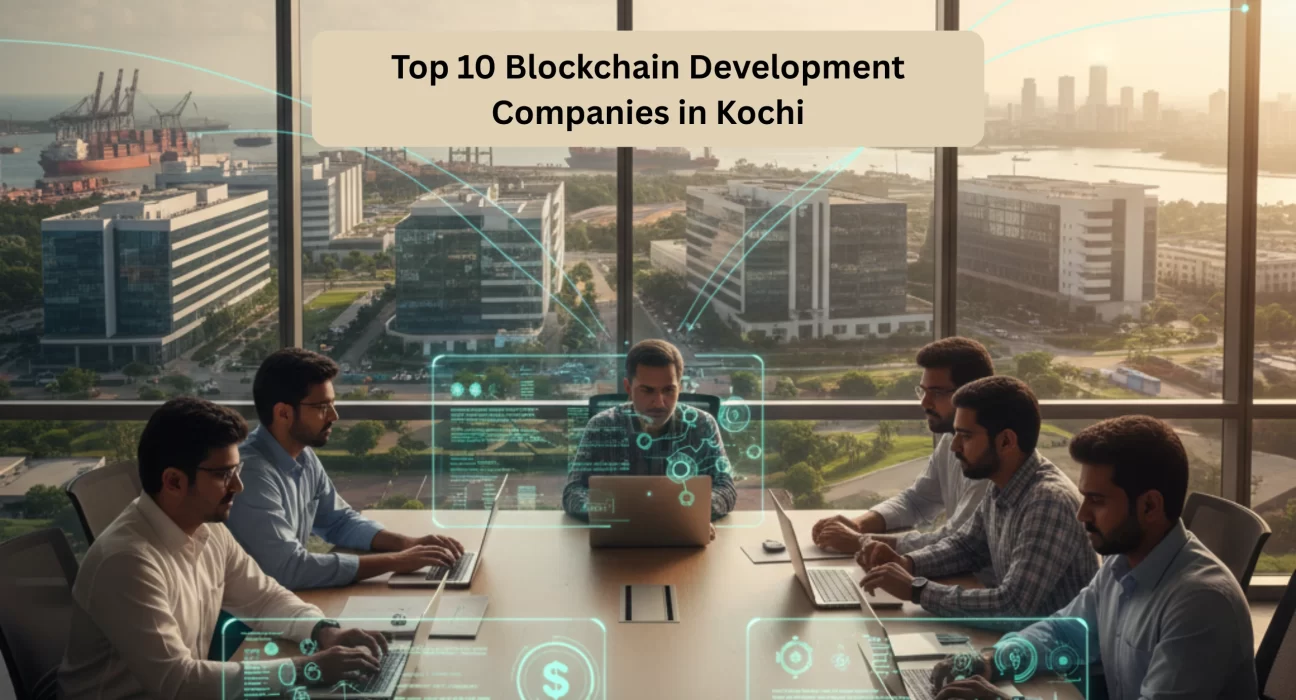 Blockchain developers collaborating in an Infopark Kochi office with Web3 dashboards and Cochin Port visible through glass windows.