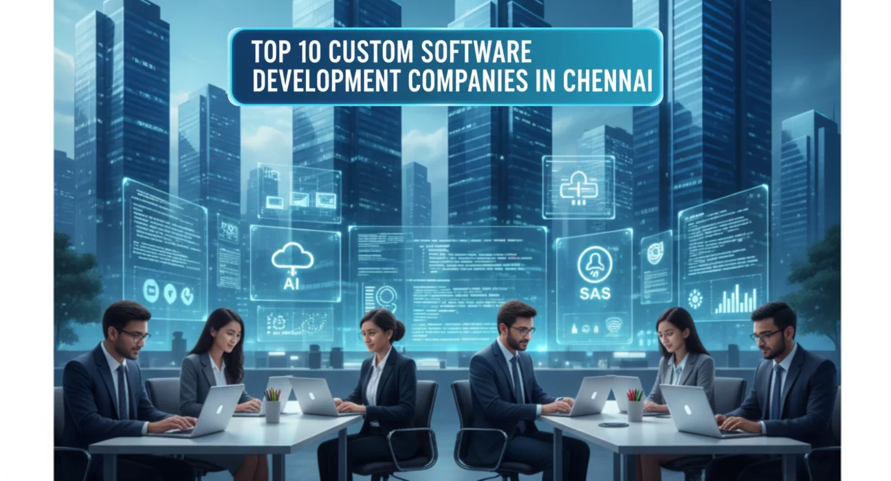 Professionals working on laptops in a modern Chennai IT office with digital dashboards showcasing AI, SaaS, and custom software development solutions.