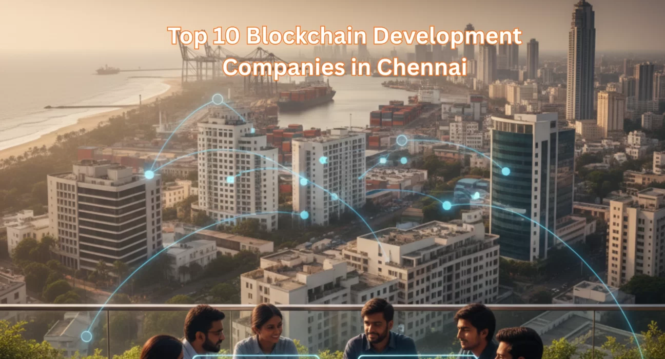 Chennai skyline with blockchain network connections showing IT buildings, Chennai Port, and developers representing blockchain innovation.
