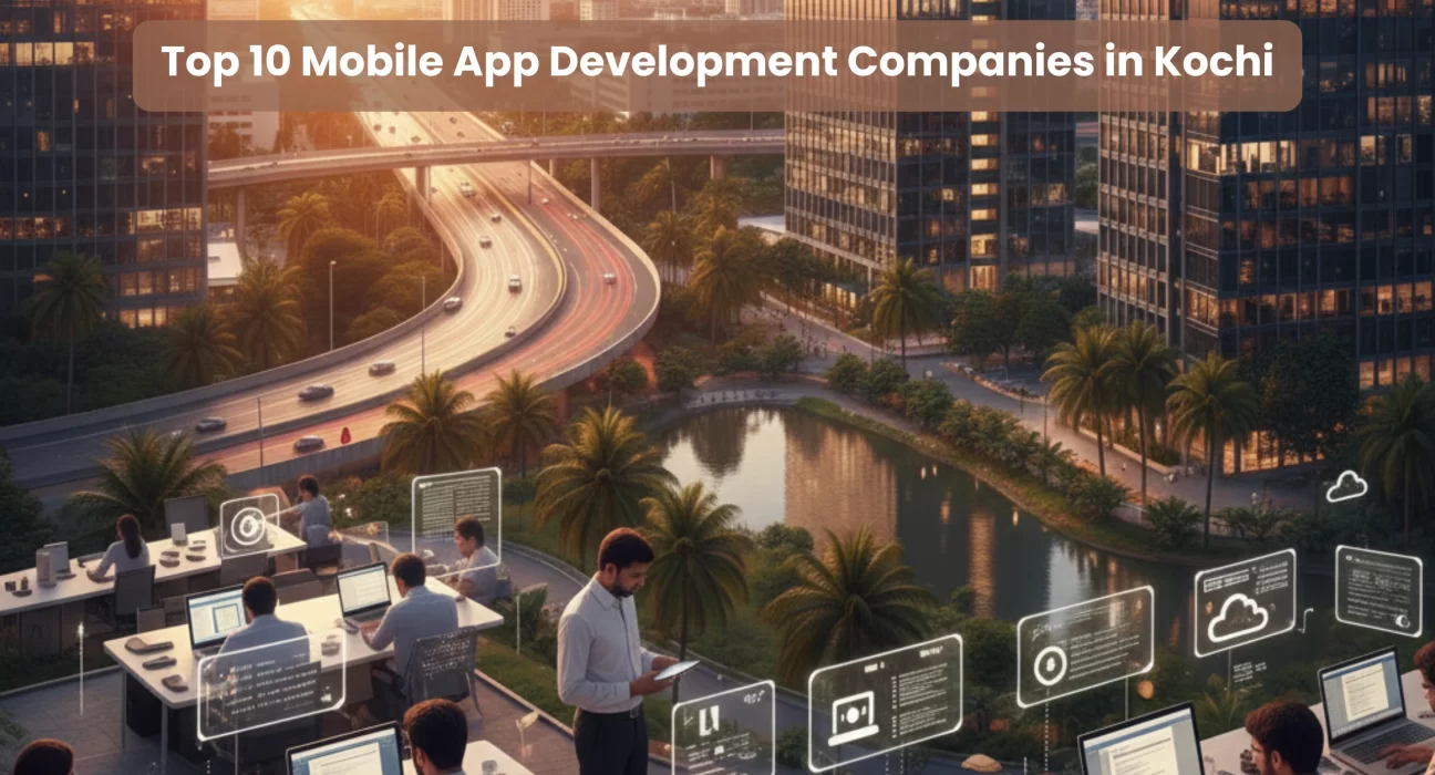 Realistic view of Kochi Infopark with mobile app developers working on digital solutions, showcasing the city’s growing mobile app development ecosystem