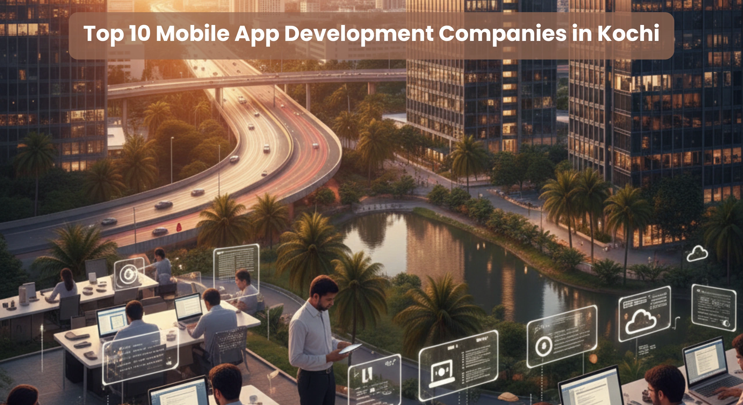 Realistic view of Kochi Infopark with mobile app developers working on digital solutions, showcasing the city’s growing mobile app development ecosystem