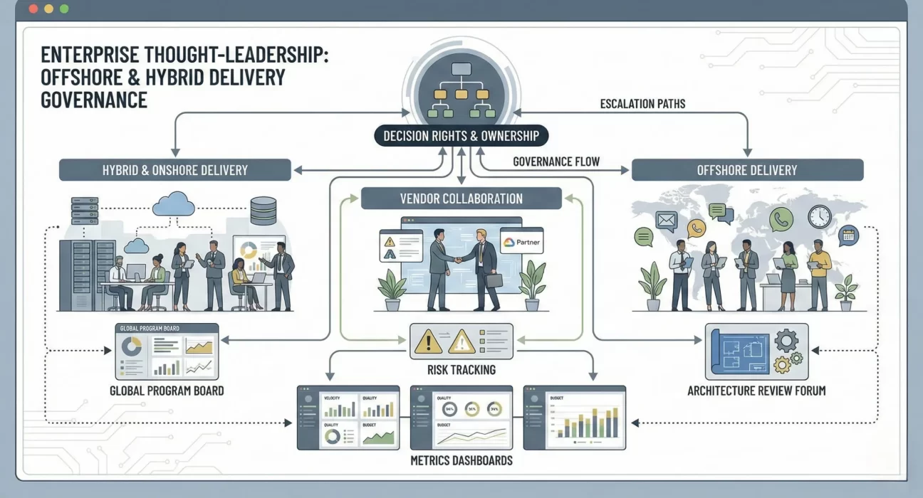 Governance models for offshore and hybrid delivery showing strategic, operational, and tactical decision layers across distributed teams