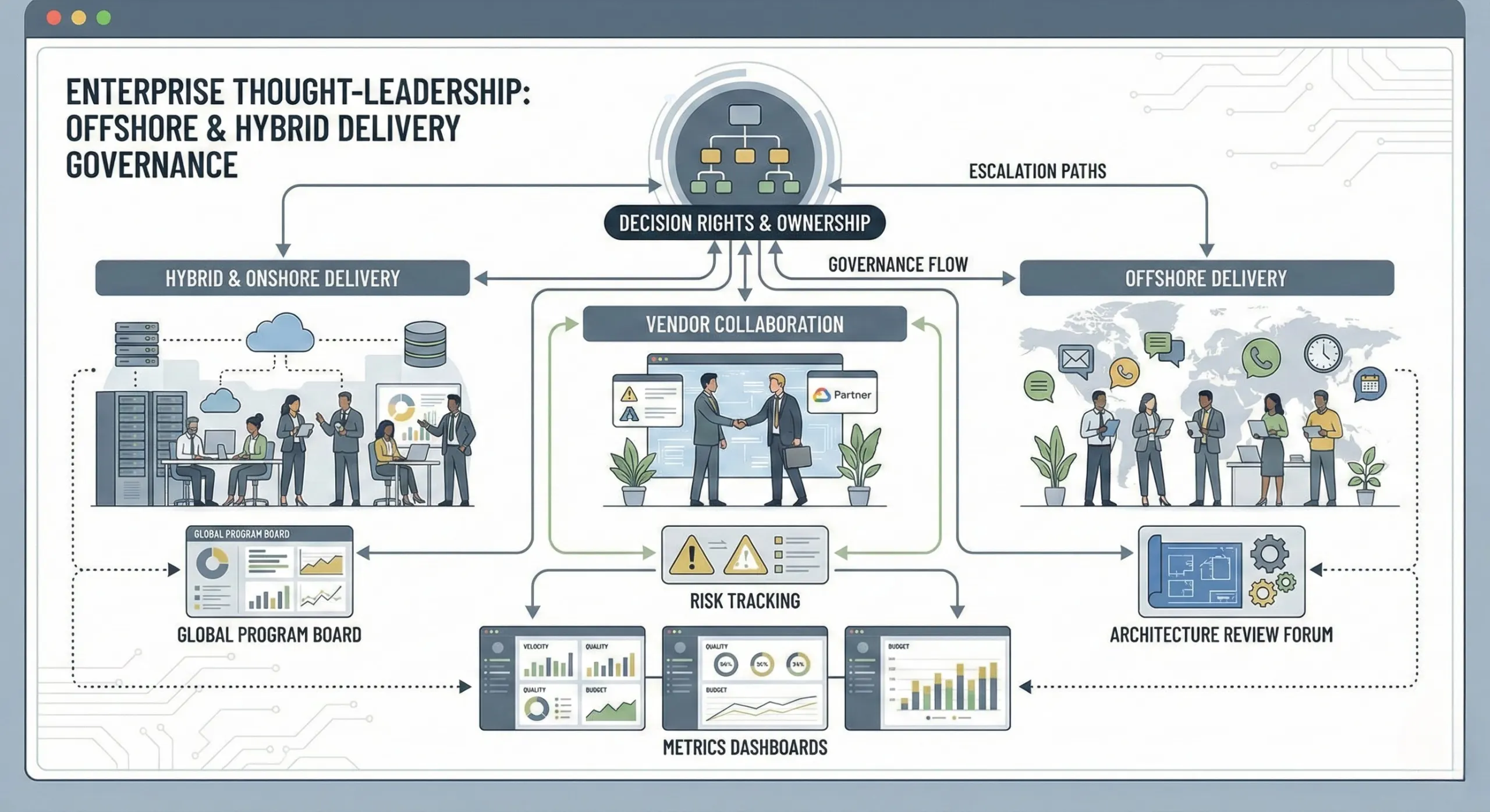 Governance models for offshore and hybrid delivery showing strategic, operational, and tactical decision layers across distributed teams