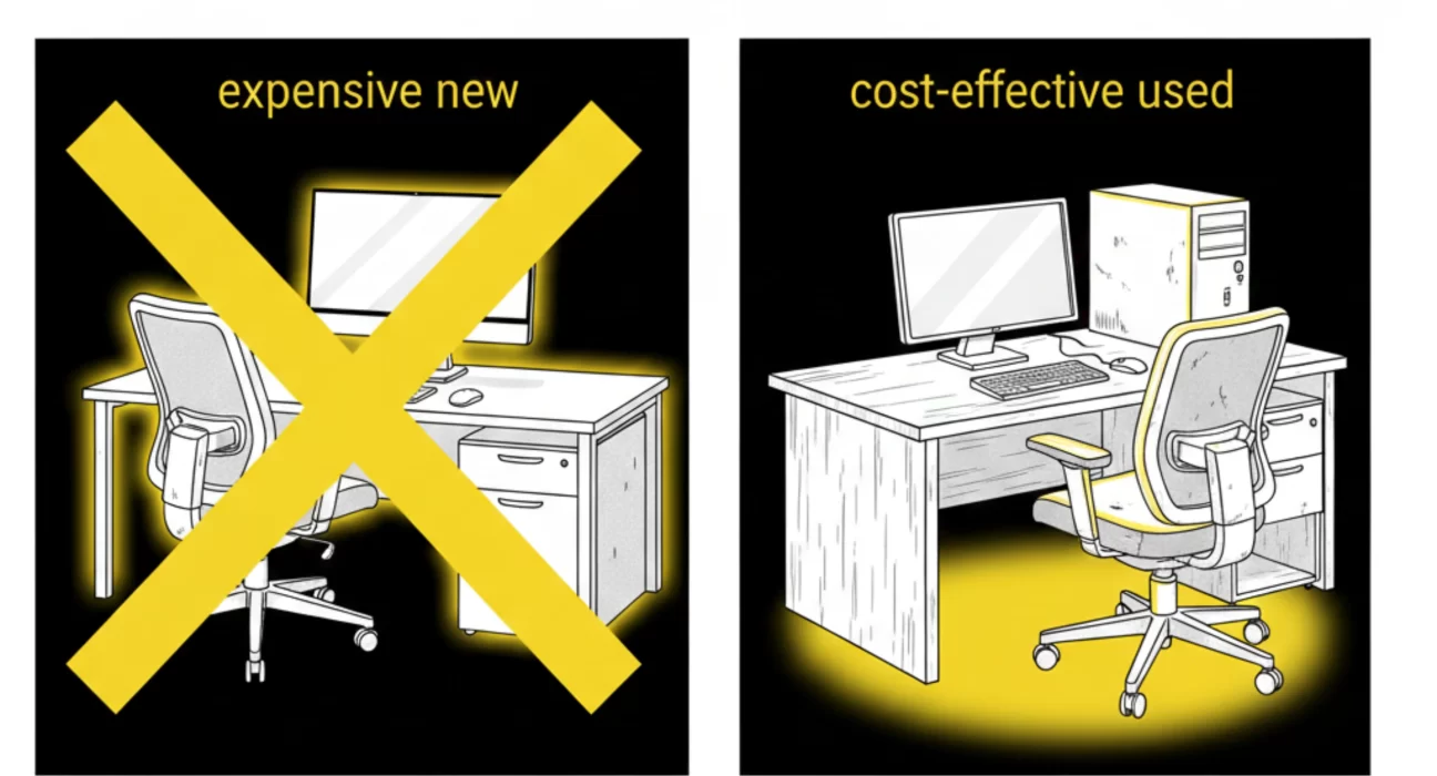 Used office furniture and equipment setup for small business and home office including desk, chair, printer, and laptop