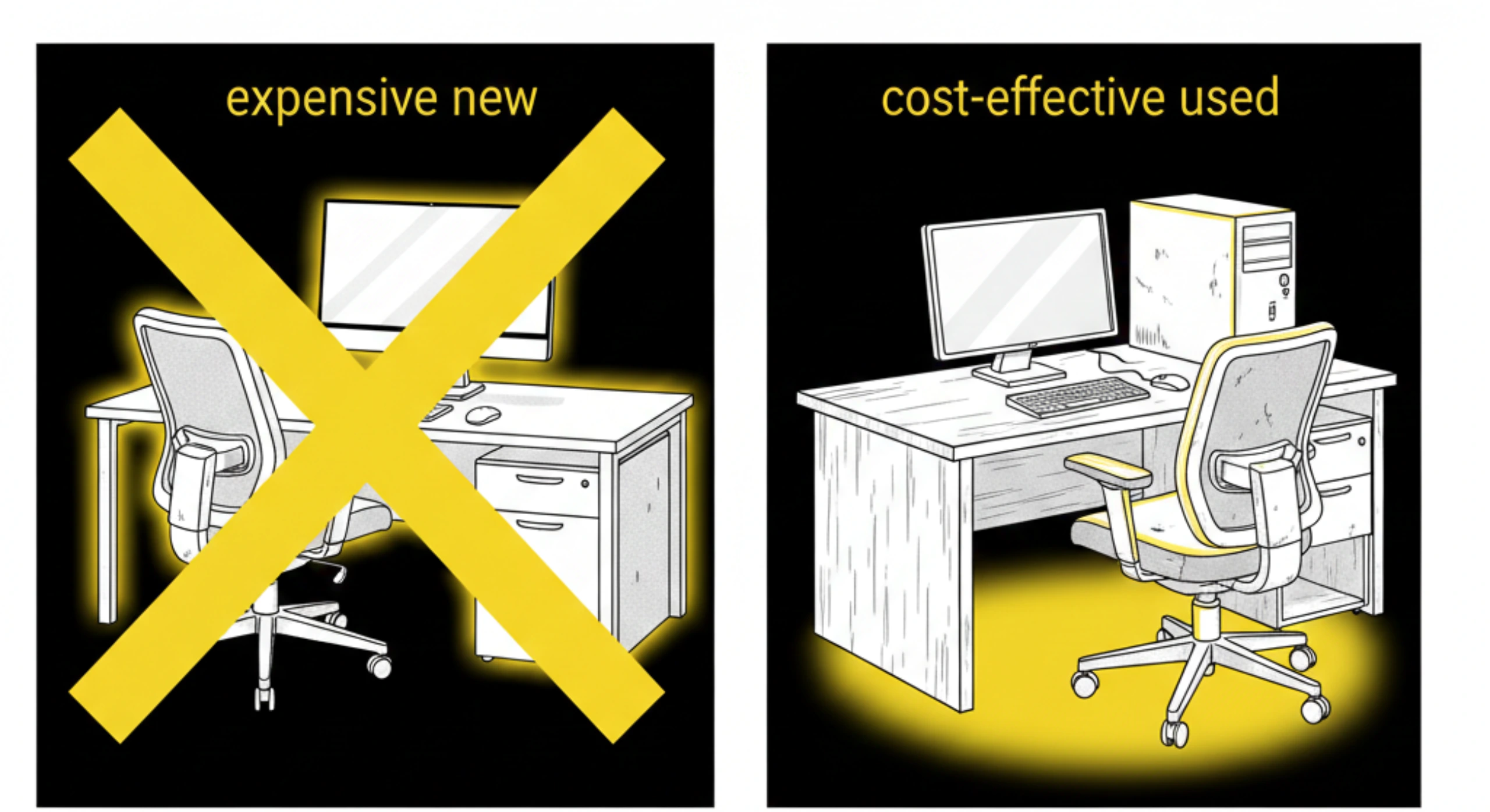 Used office furniture and equipment setup for small business and home office including desk, chair, printer, and laptop