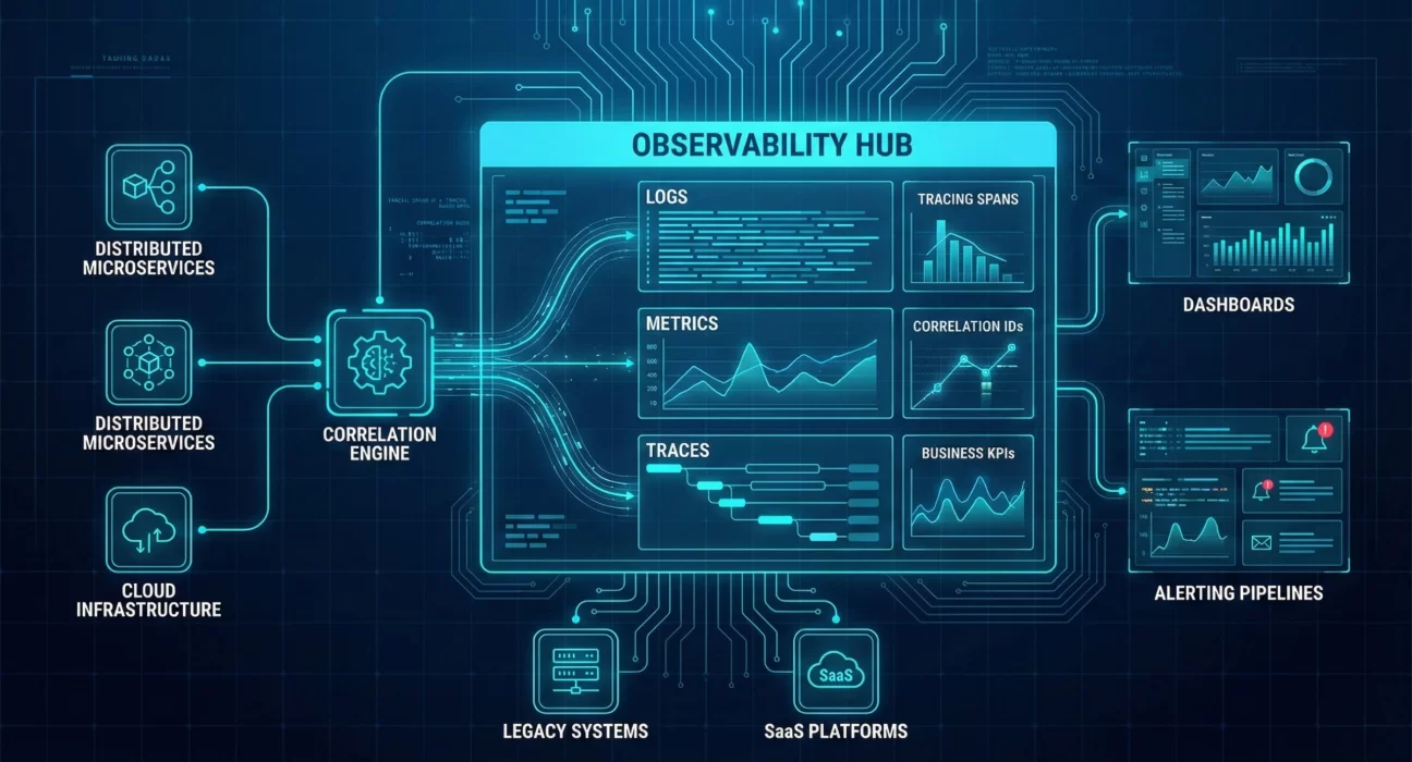 Enterprise observability dashboard with logging, monitoring, tracing, and audit metrics for large-scale systems