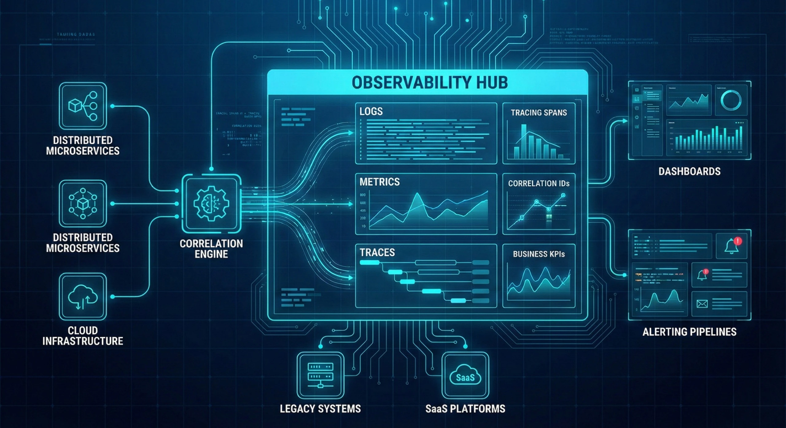 Enterprise observability dashboard with logging, monitoring, tracing, and audit metrics for large-scale systems