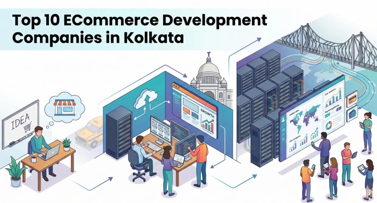 Digital illustration showing the stages of building an online business, from conceptual design to global launch, representing eCommerce development companies in Kolkata.