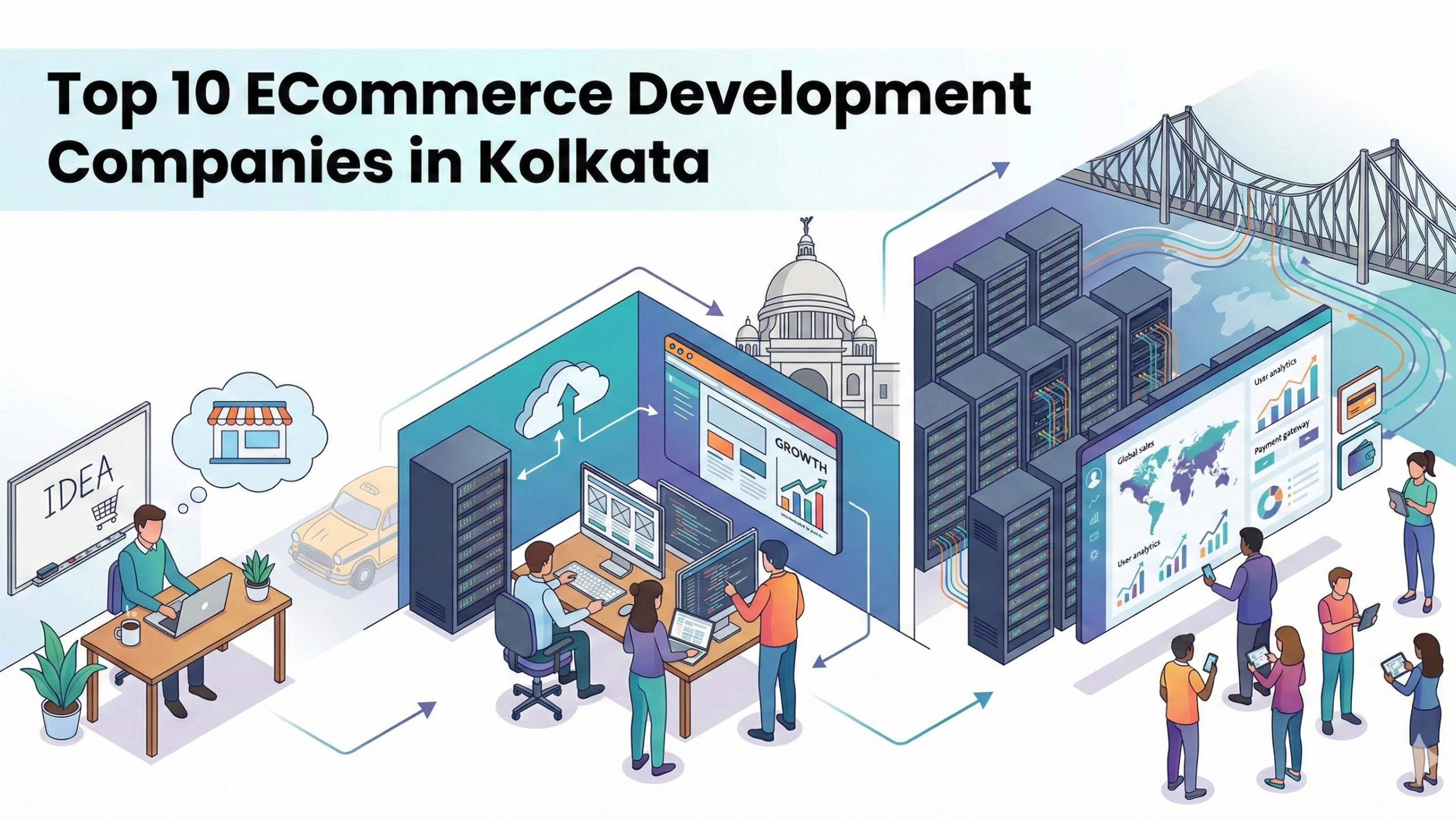Digital illustration showing the stages of building an online business, from conceptual design to global launch, representing eCommerce development companies in Kolkata.
