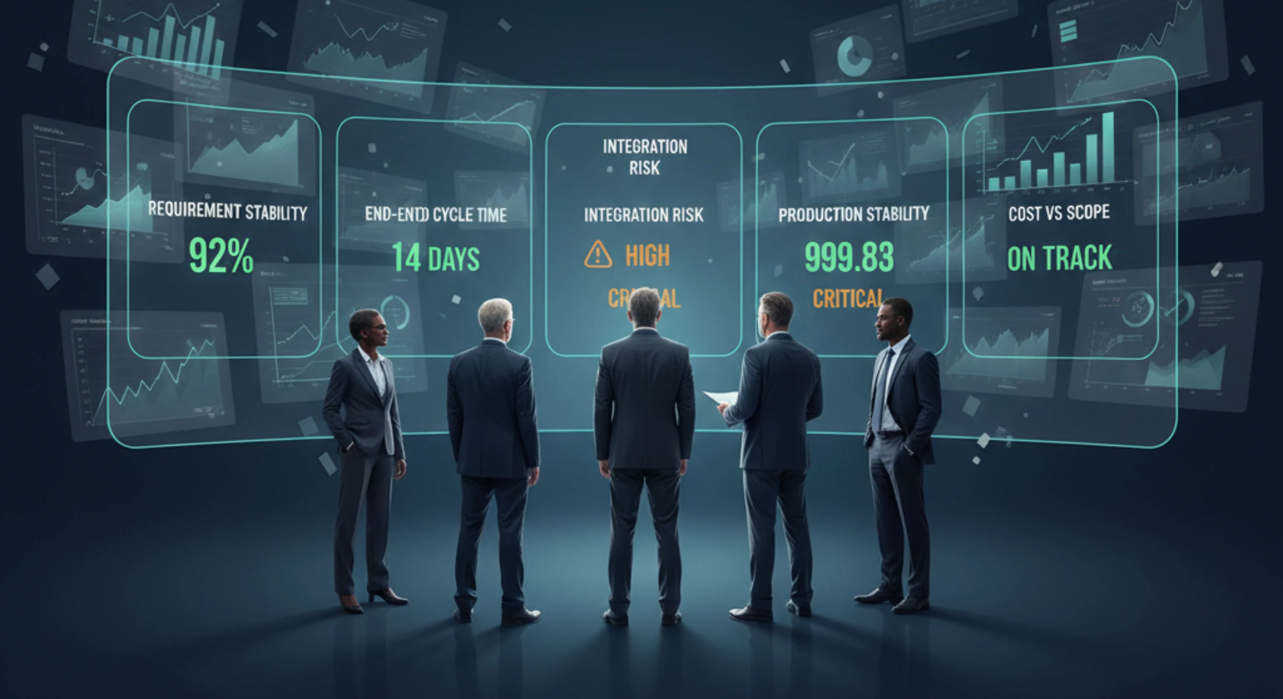 Engineering metrics that matter in enterprise programs showing dashboards, cross-team delivery, and business outcome tracking