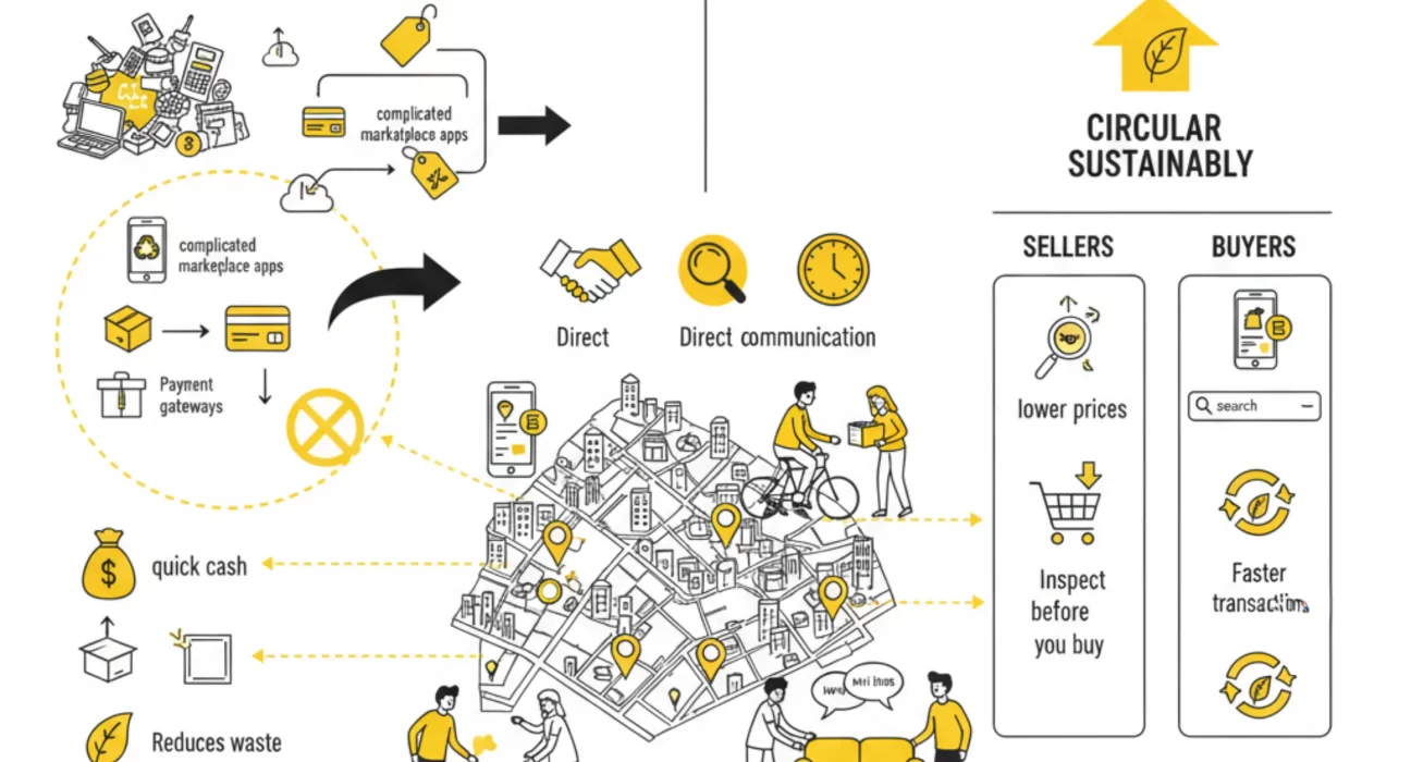 Smart consumers buying and selling second-hand items locally to save money and reduce environmental impact