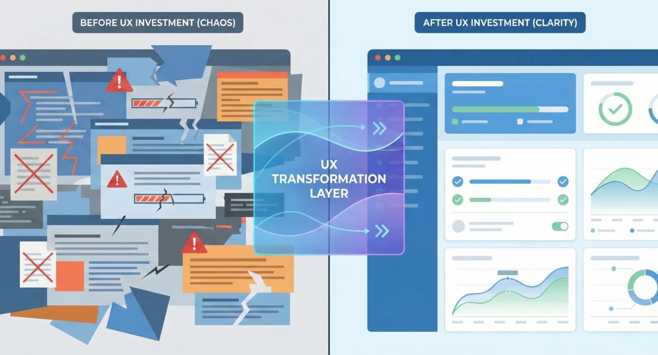 Conceptual illustration showing UX design simplifying complex enterprise systems into clear, efficient workflows that improve adoption and business ROI.