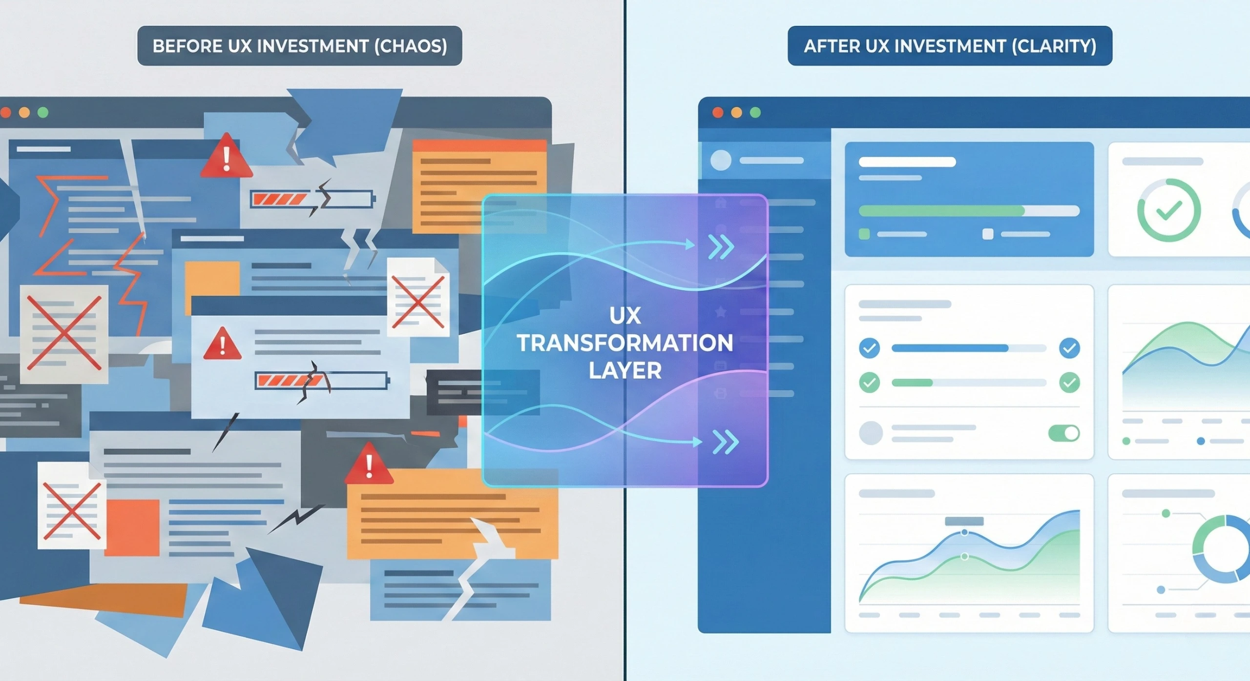 Conceptual illustration showing UX design simplifying complex enterprise systems into clear, efficient workflows that improve adoption and business ROI.