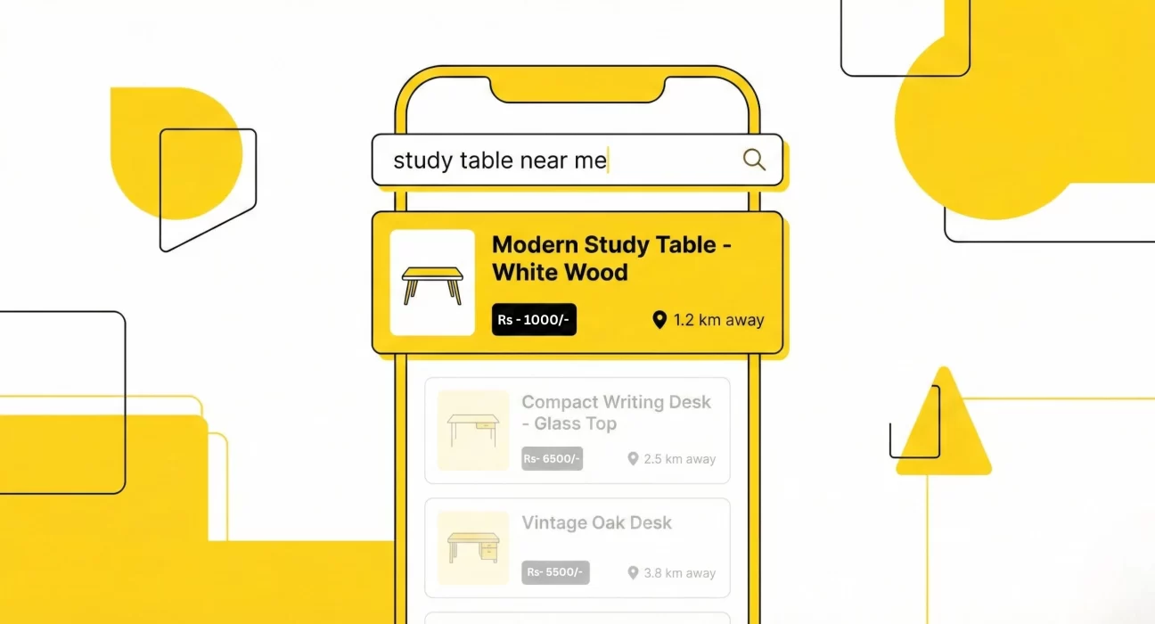 Mobile user searching “study table near me” showing changing buyer search habits in 2026