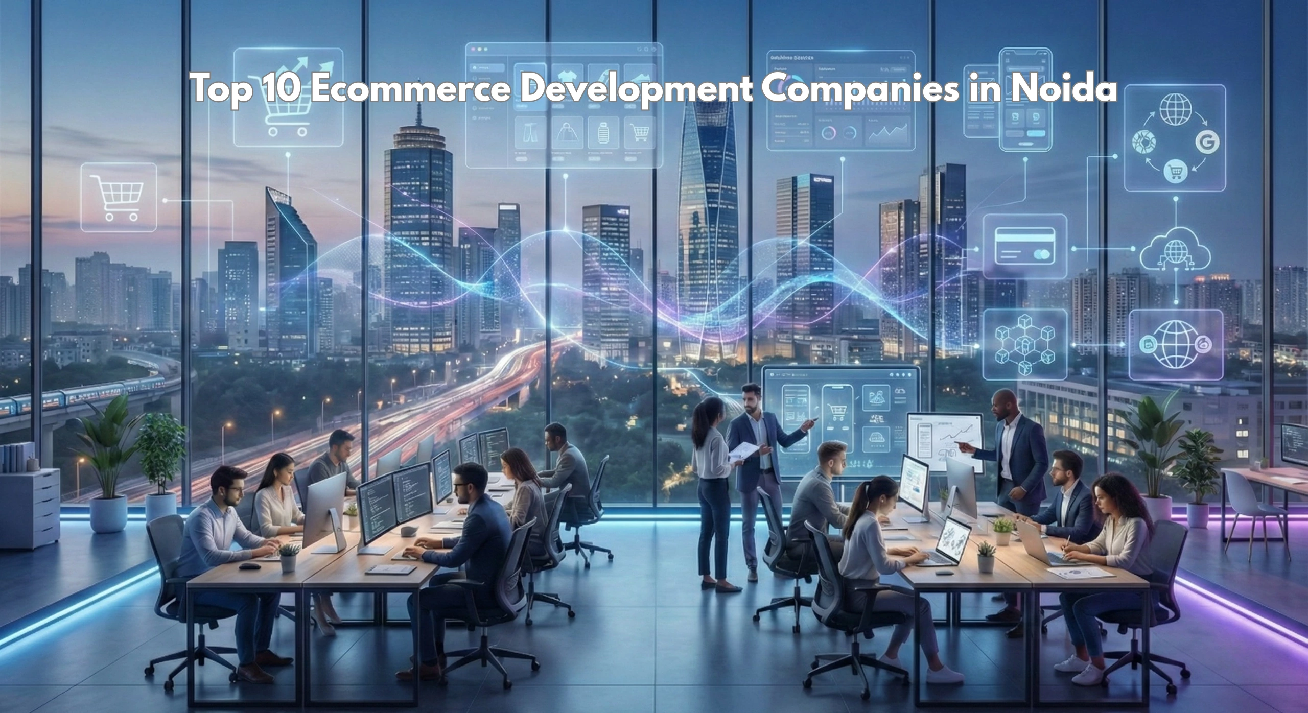Top 10 ECommerce Development Companies in Noida with modern tech office and digital commerce concept