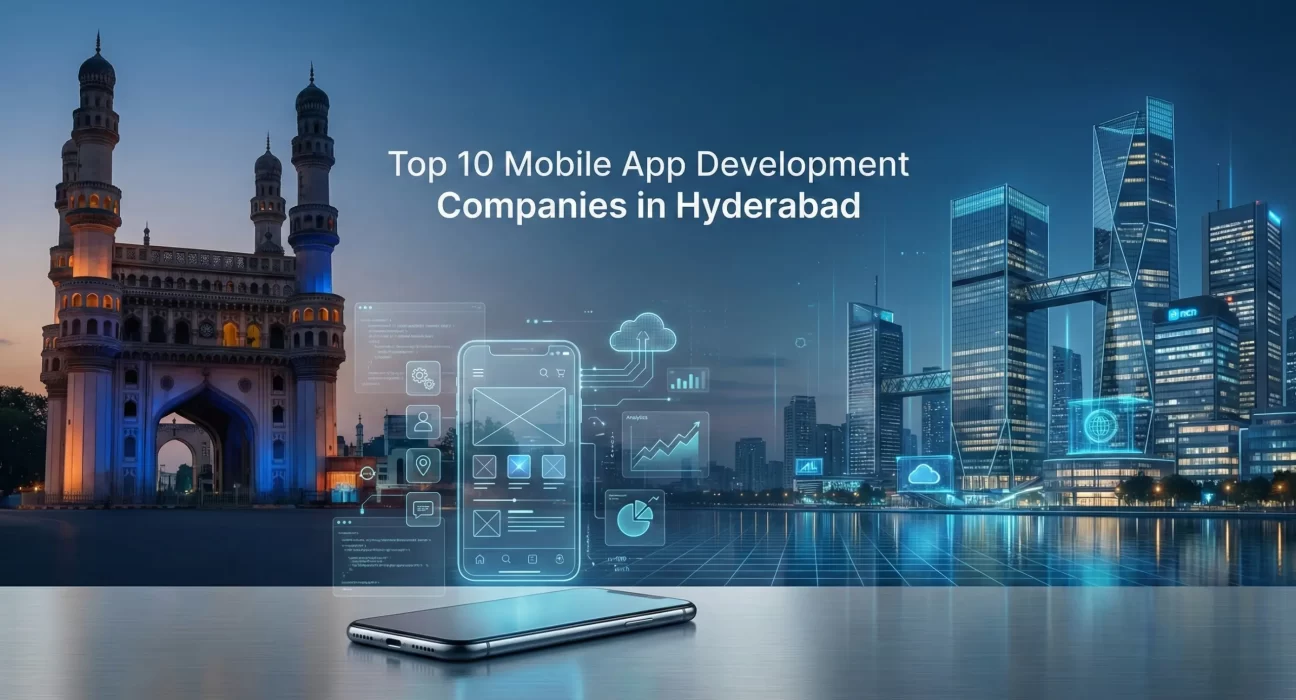 Top 10 Mobile App Development Companies in Hyderabad with HITEC City skyline and mobile app development concept
