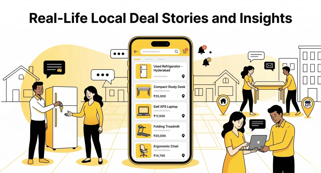 Illustration showing Real Life Local Deal Stories and Insights where nearby buyers and sellers complete fast local classified transactions.