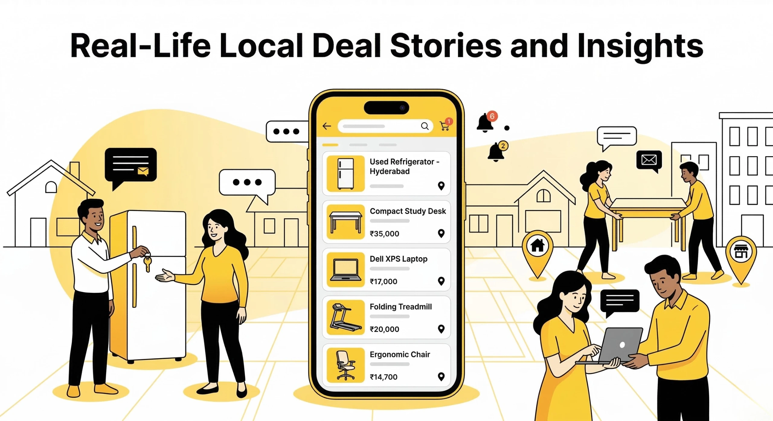 Illustration showing Real Life Local Deal Stories and Insights where nearby buyers and sellers complete fast local classified transactions.