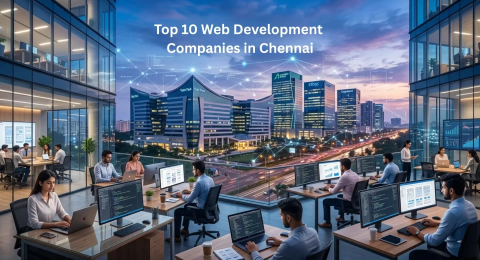 Top 10 Web Development Companies in Chennai showcasing IT hubs and developers working on modern web technologies